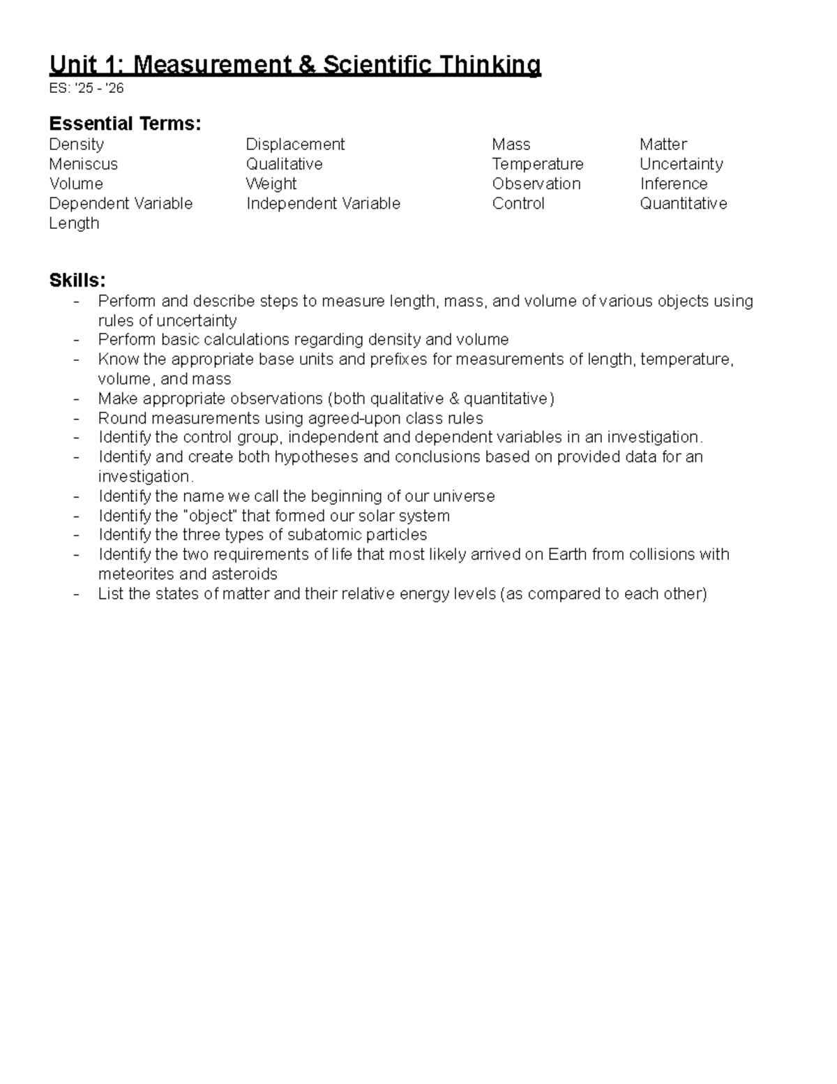 Unit 1 SG '25-'26: Measurement & Scientific Thinking Overview - Studocu