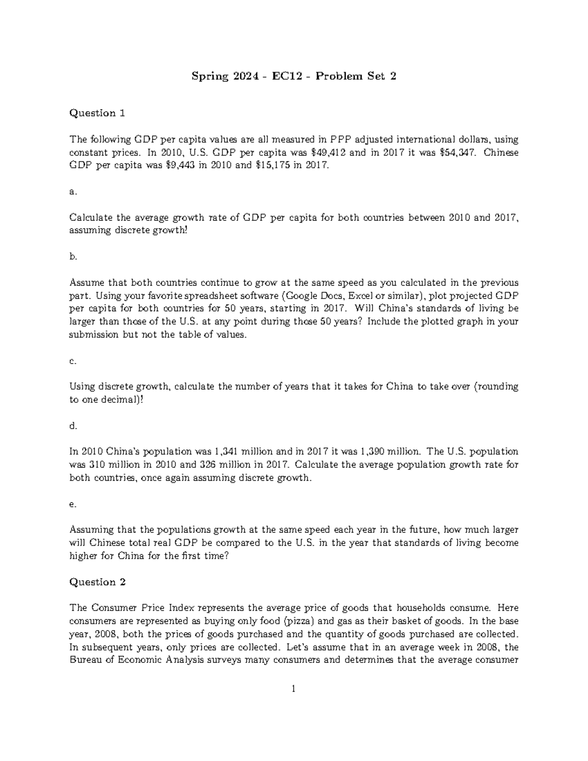 Spring 2024 EC12 Problem Set 2: GDP, CPI, and Labor Market Analysis ...