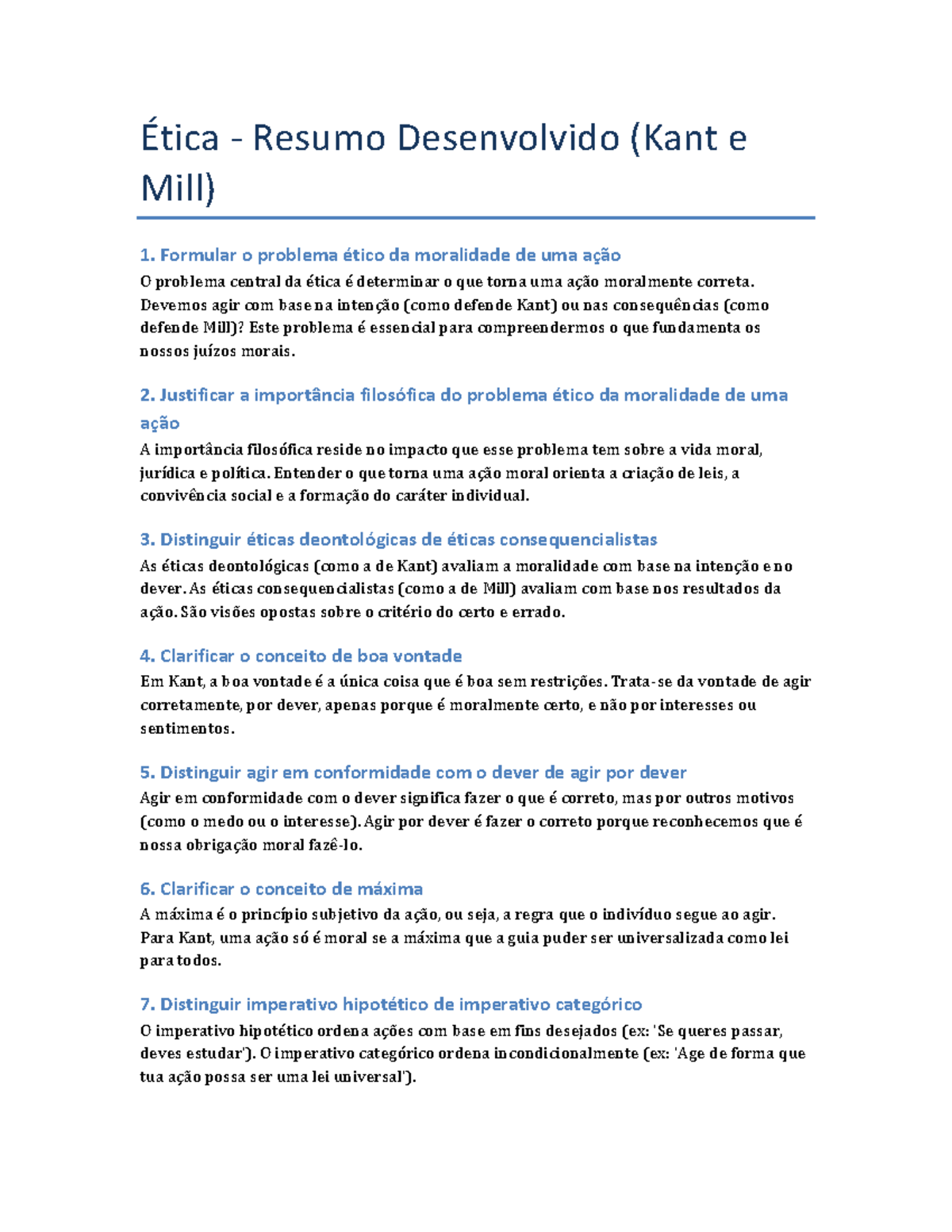 Resumo Ética: Kant e Mill - Problemas e Conceitos Fundamentais - Studocu