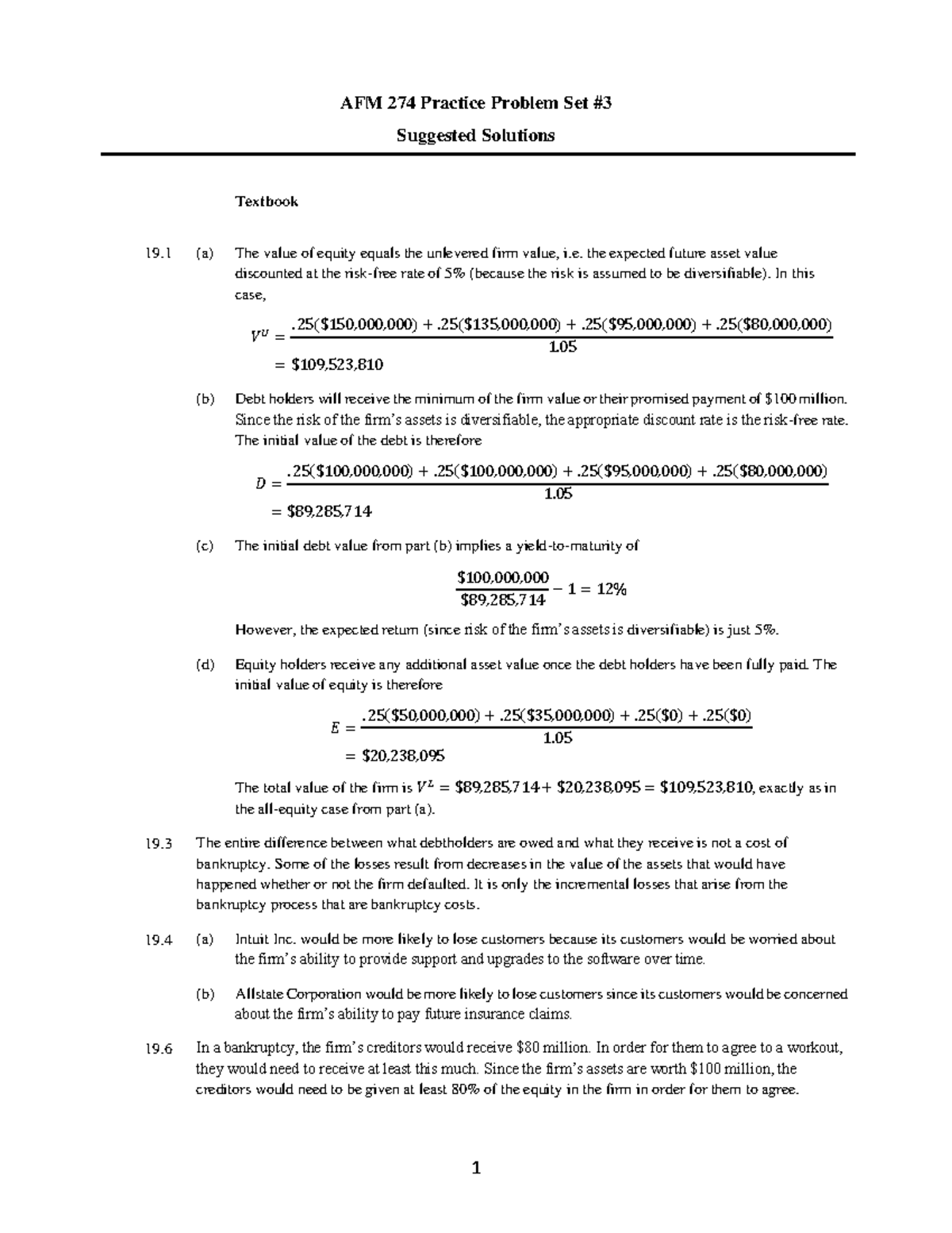 AFM 274 Problem Set 3 - Suggested Solutions and Explanations - Studocu