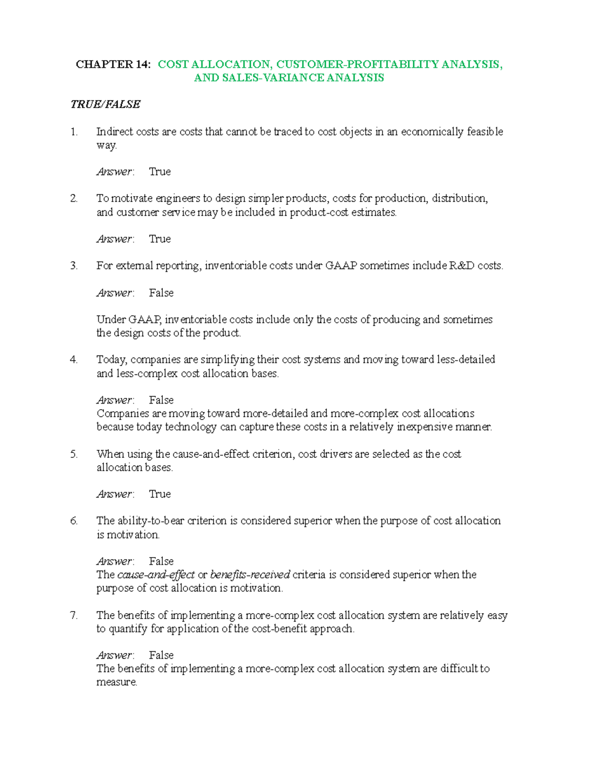 Ch14 Cost Allocation & Customer Profitability Analysis Test - Studocu