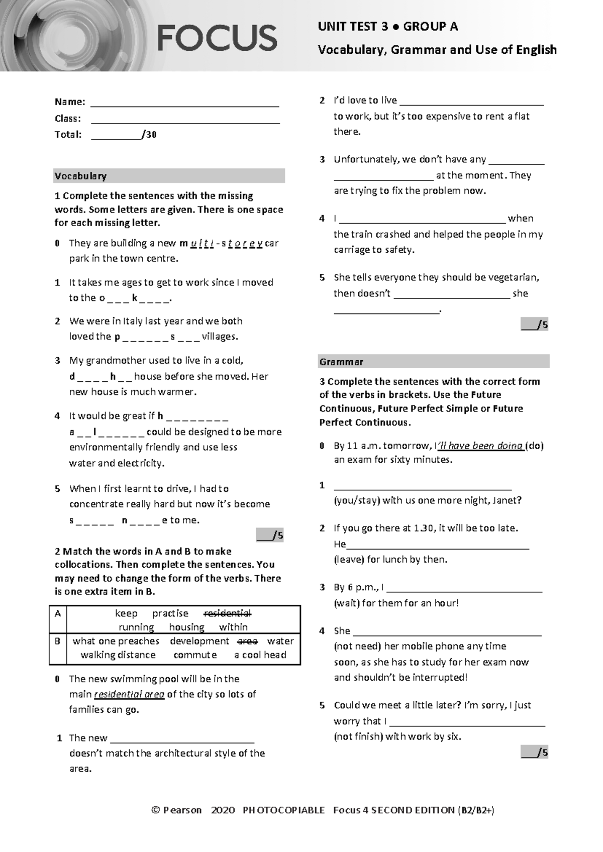 Focus 4 2E Unit Test 3 Vocabulary & Grammar Group A - Studocu