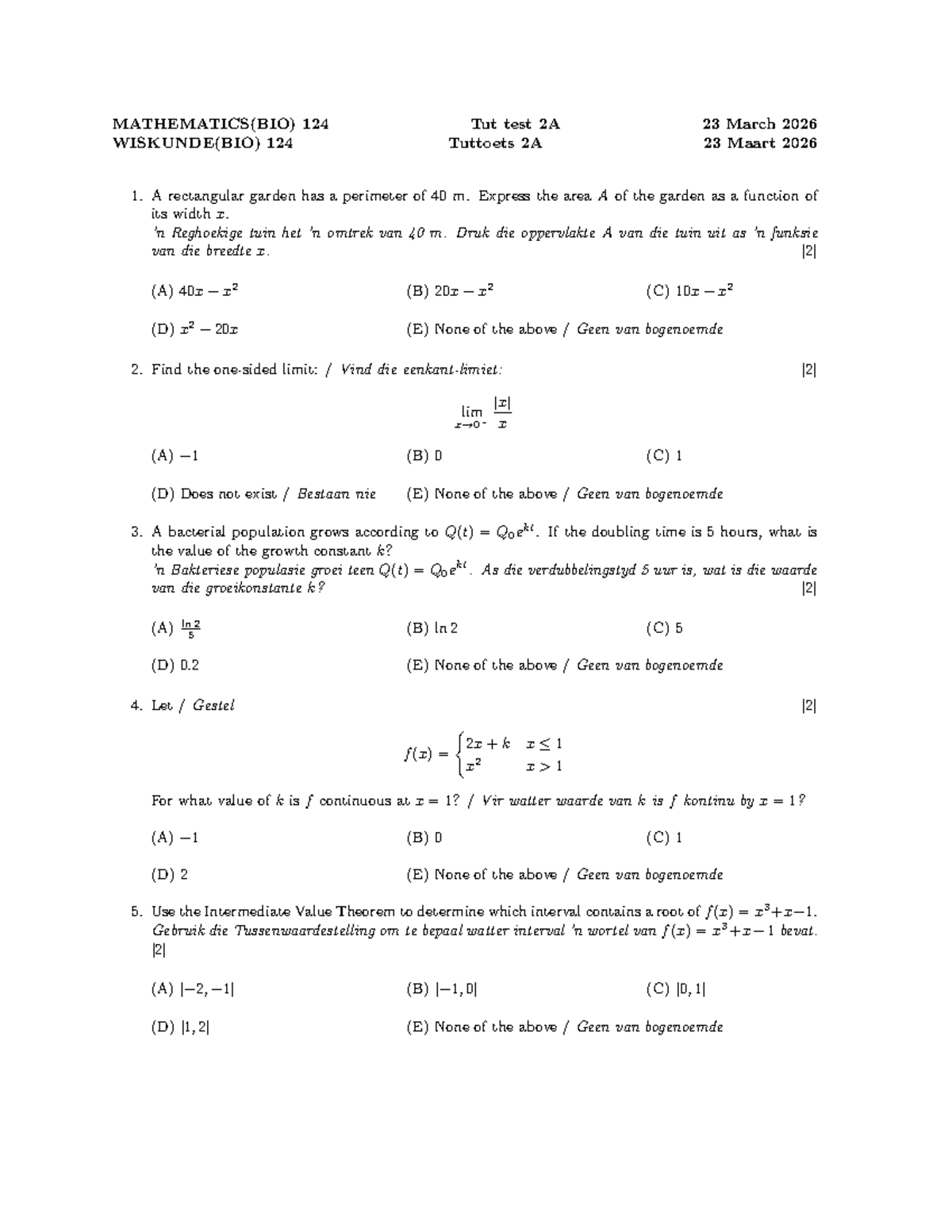 MATHEMATICS(BIO) 124 Tut Test 2A & 2B Solutions - Studocu