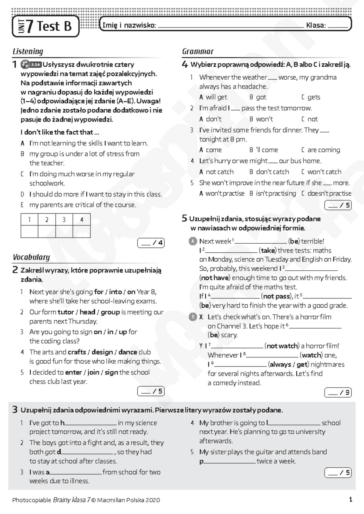 Brainy kl7 Unit Test 7B - Listening & Grammar Exercises - Studocu