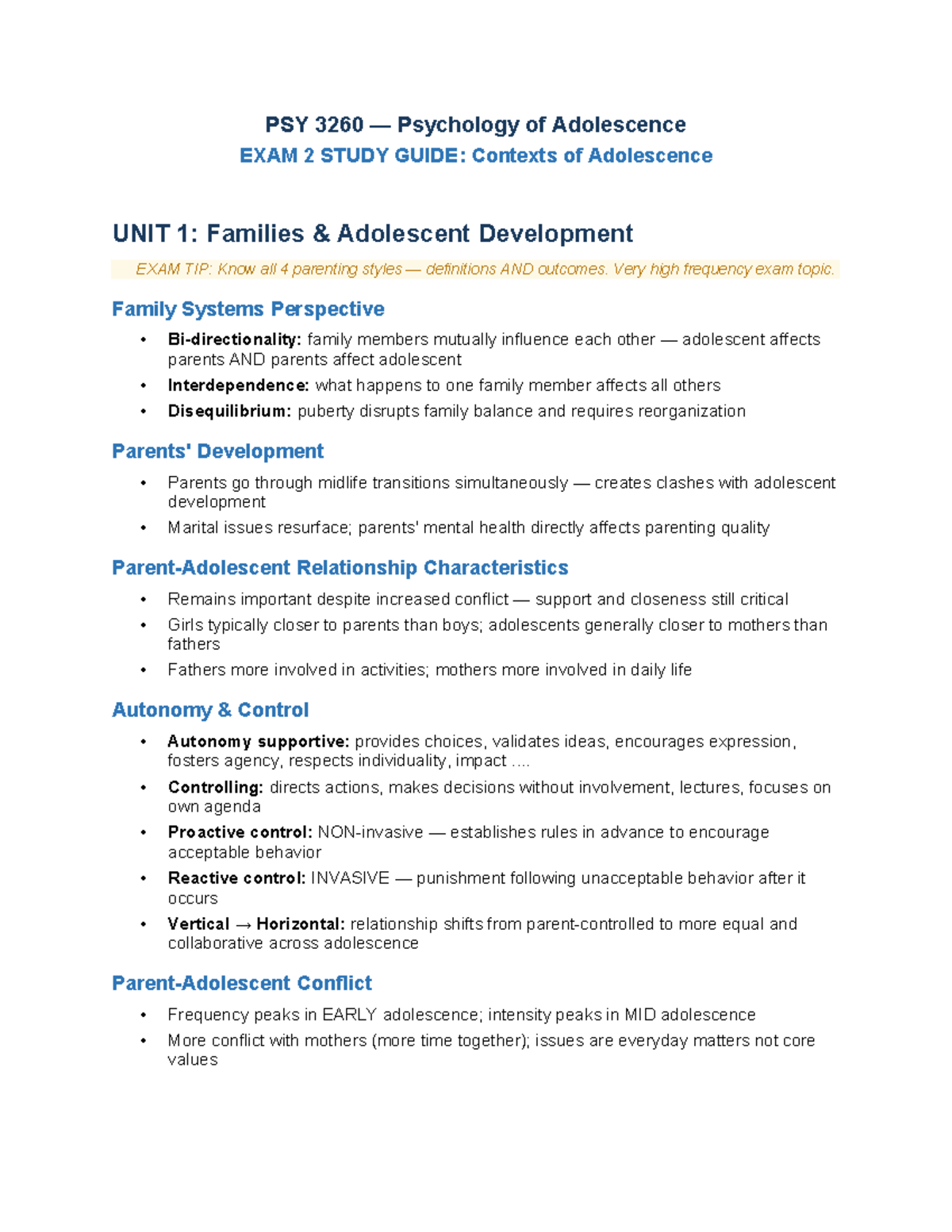PSY 3260 Adolescence Exam 2 Study Guide: Key Concepts & Parenting ...