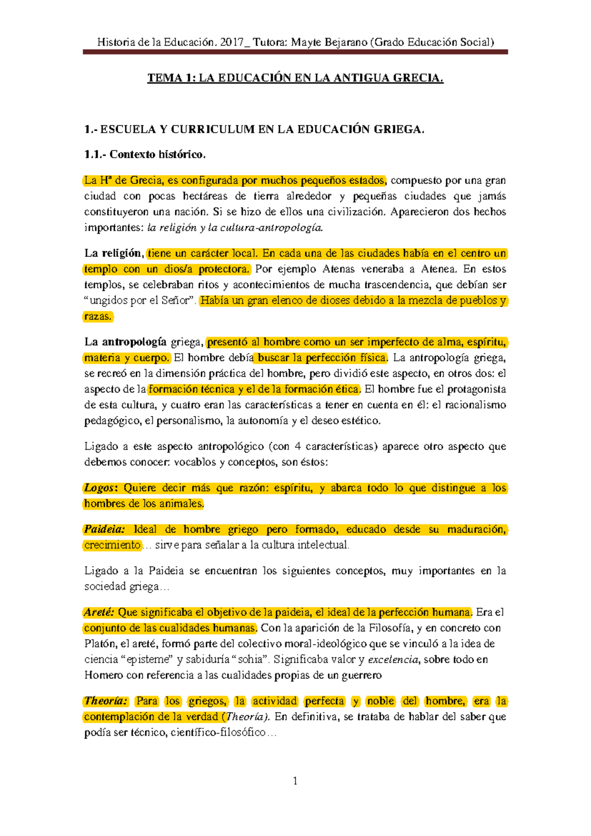 Tema 1: Resumen sobre la Educación en la Antigua Grecia (Grado ...