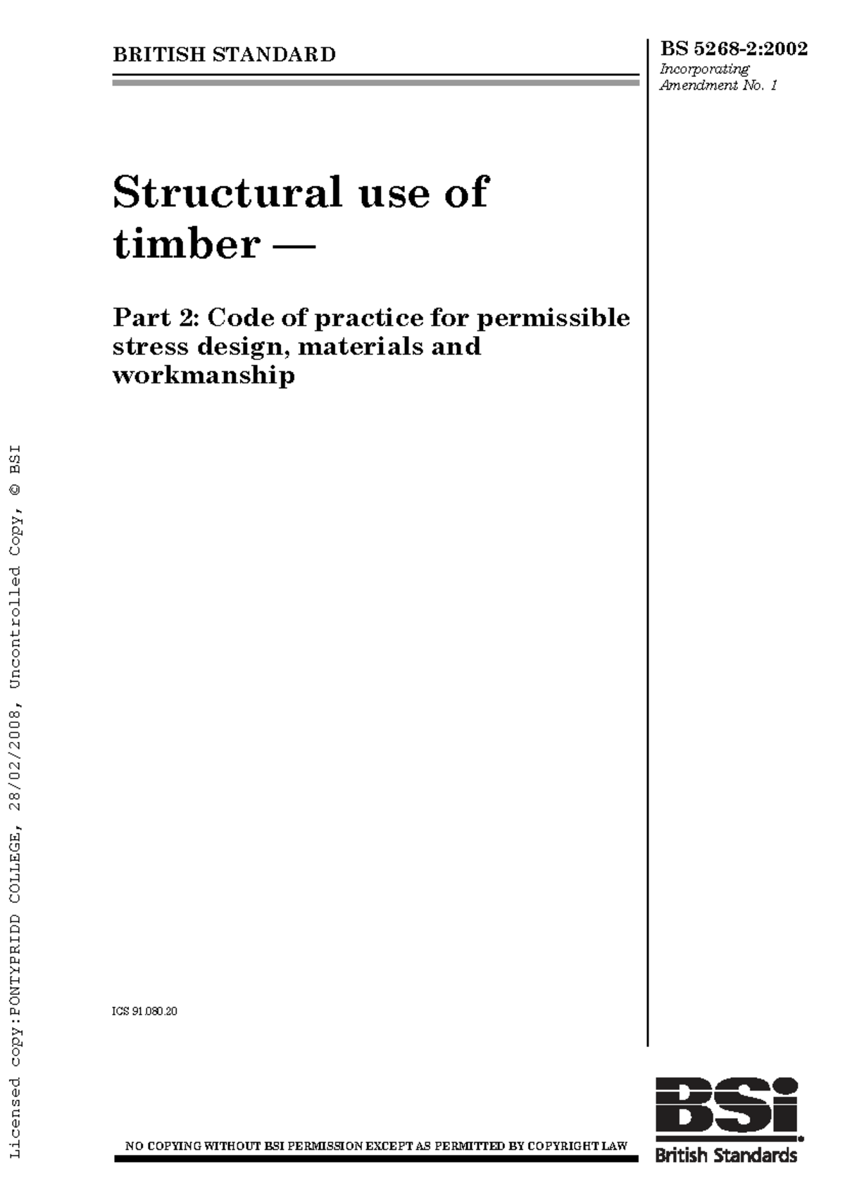 BS 5268-2:2002 Code of Practice for Structural Use of Timber - Studocu