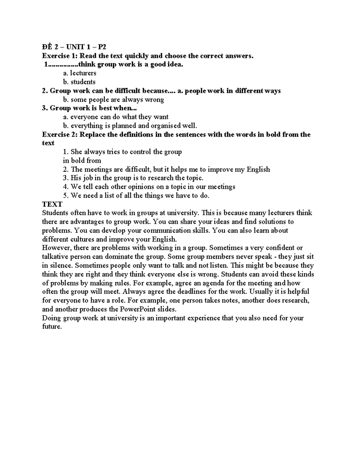 ĐỀ 2 - UNIT 1 P2: Group Work Challenges & Solutions for IELTS - Studocu