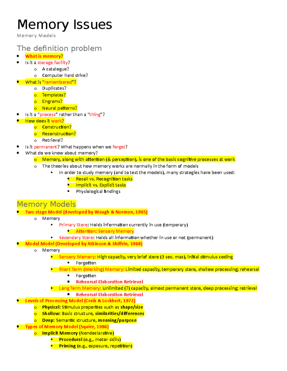 Memory Models - Lecture notes 15-16 - Memory Issues Memory Models The ...