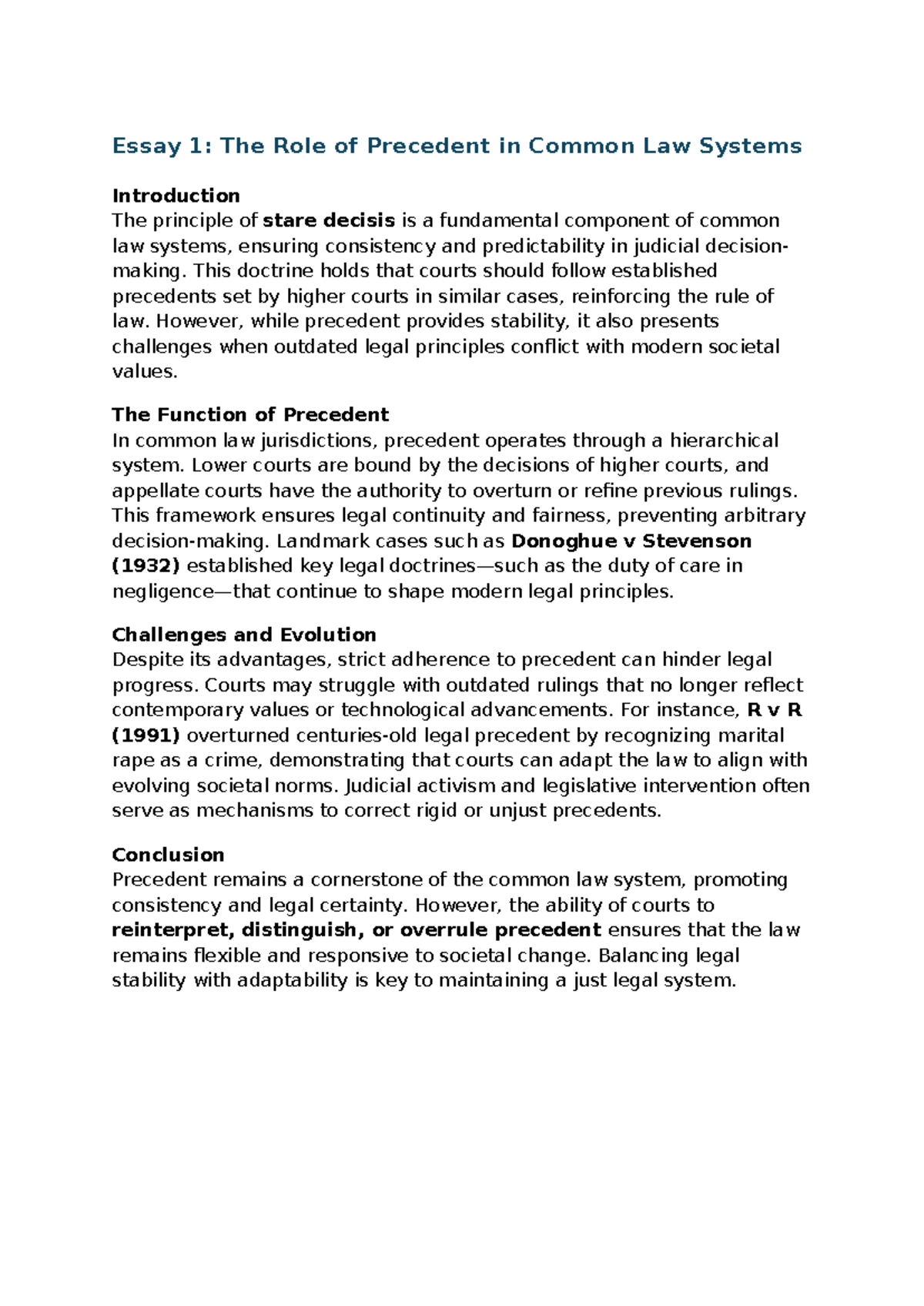 Lawrw of te vdinamls - Essay 1: The Role of Precedent in Common Law ...