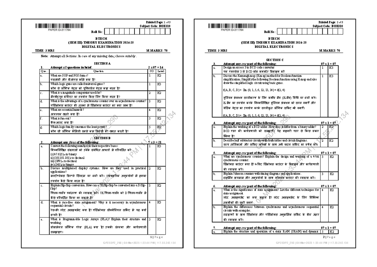 BOE310 B.Tech SEM IV Theory Exam: Digital Electronics PYQ - Studocu