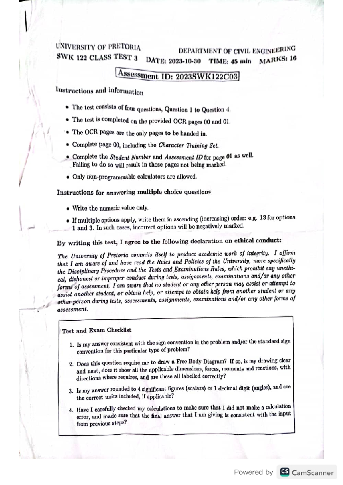 Swk122 2023 Ct3 University Of Pretoria Department Of Civil