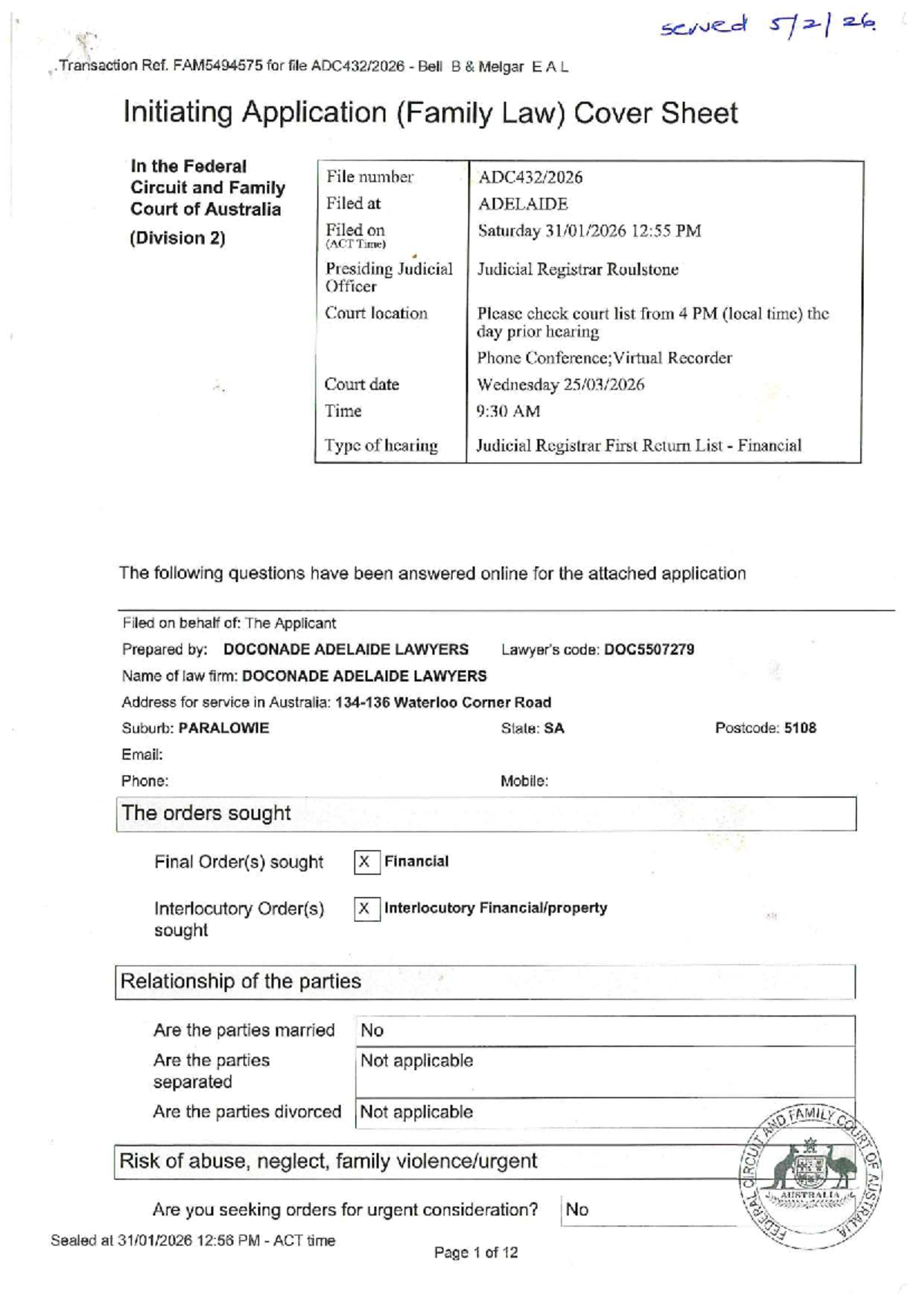 FAM5494575: Initiating Application for Divorce and Financial Orders ...