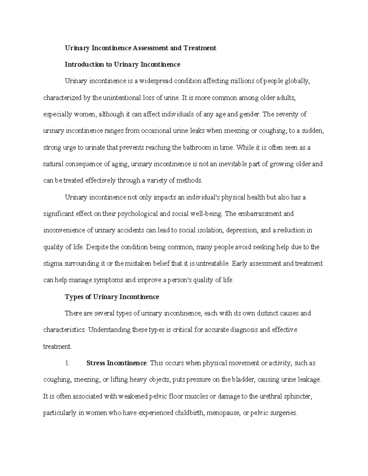 Urinary Incontinence Assessment and Treatment - Urinary Incontinence ...