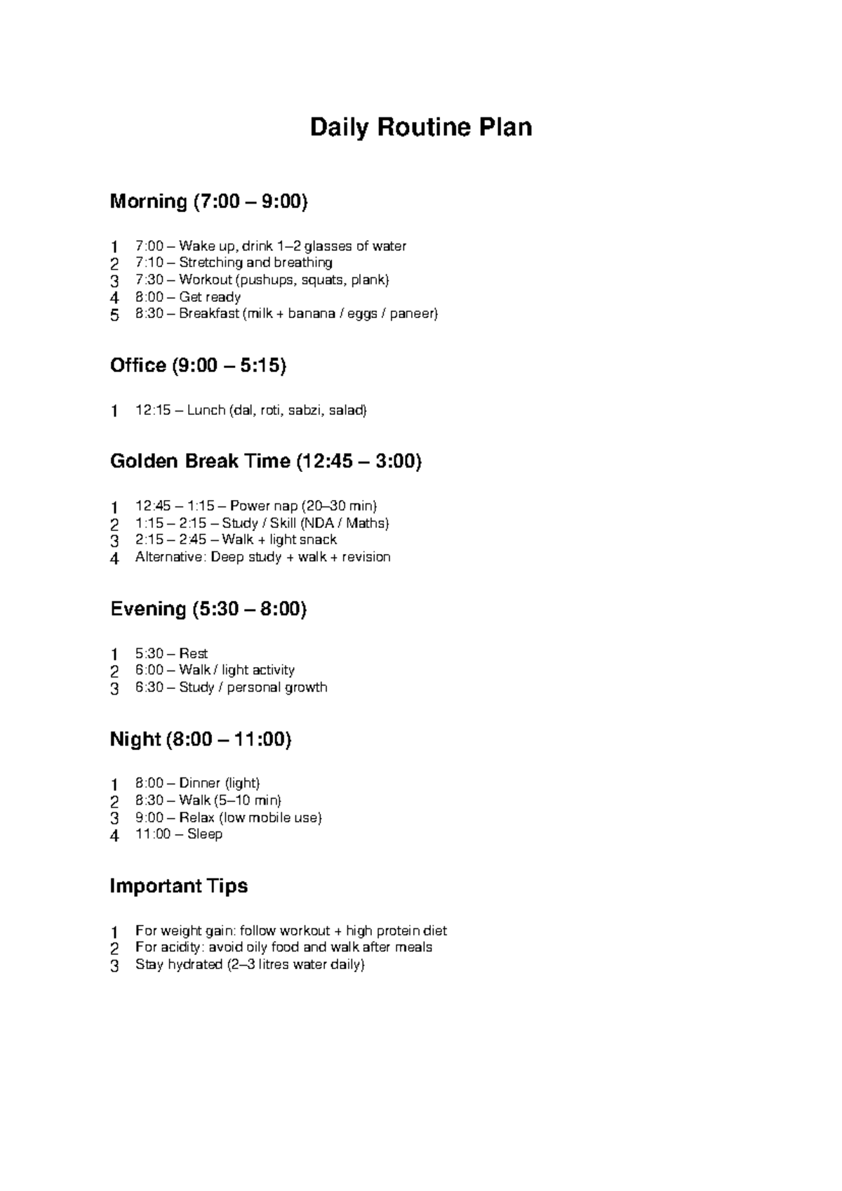 Daily Routine Plan for Naveen: Morning to Night Schedule - Studocu