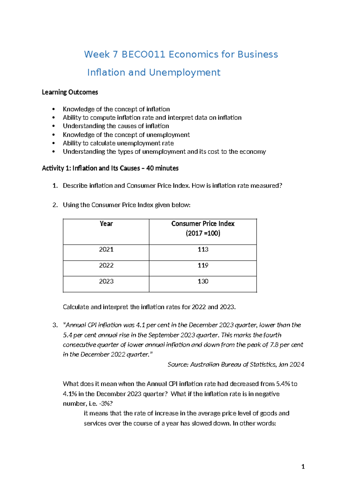 BECO011 2024 Week 7 Worksheet: Inflation & Unemployment Concepts - Studocu