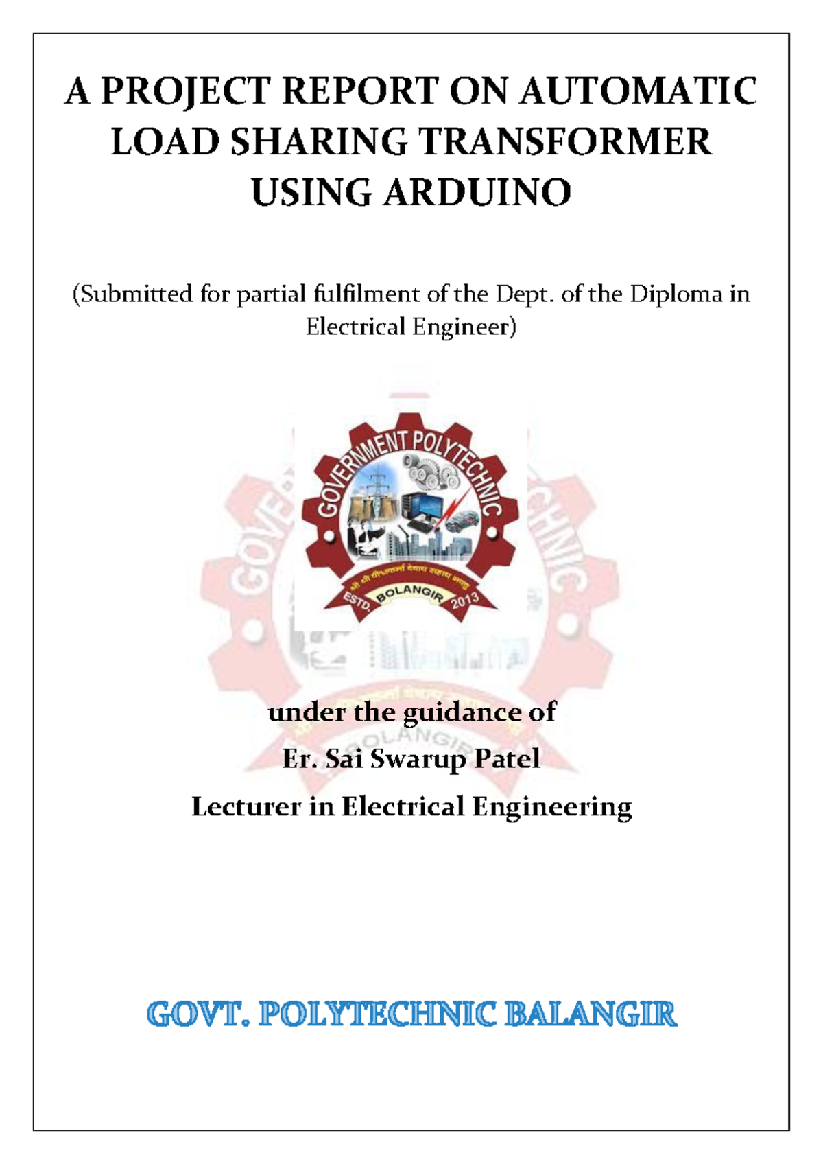 A Project Report on Automatic Load Sharing Transformer (EE Diploma ...