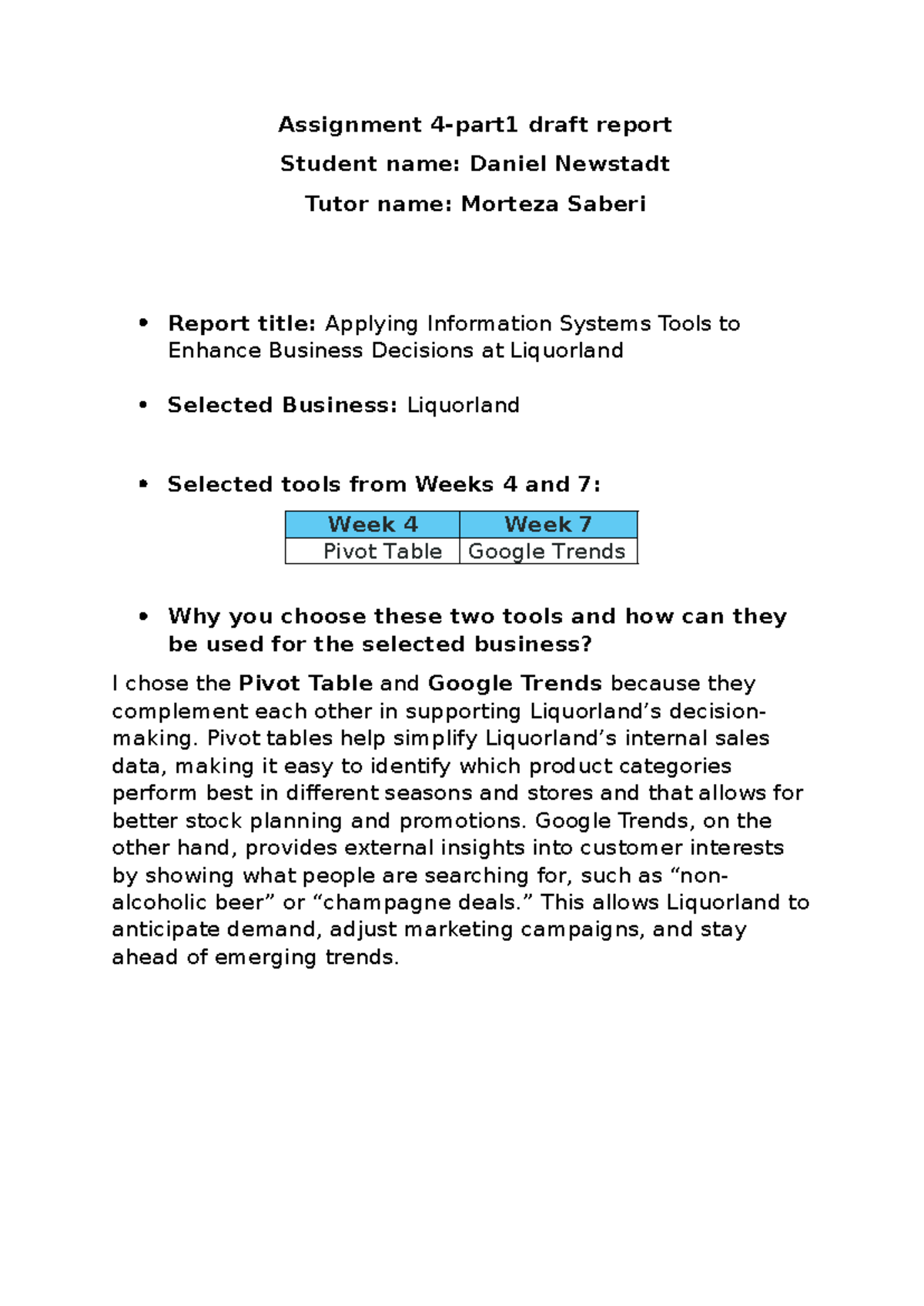 Assignment 4: Draft Report on Info Systems Tools for Liquorland - Studocu