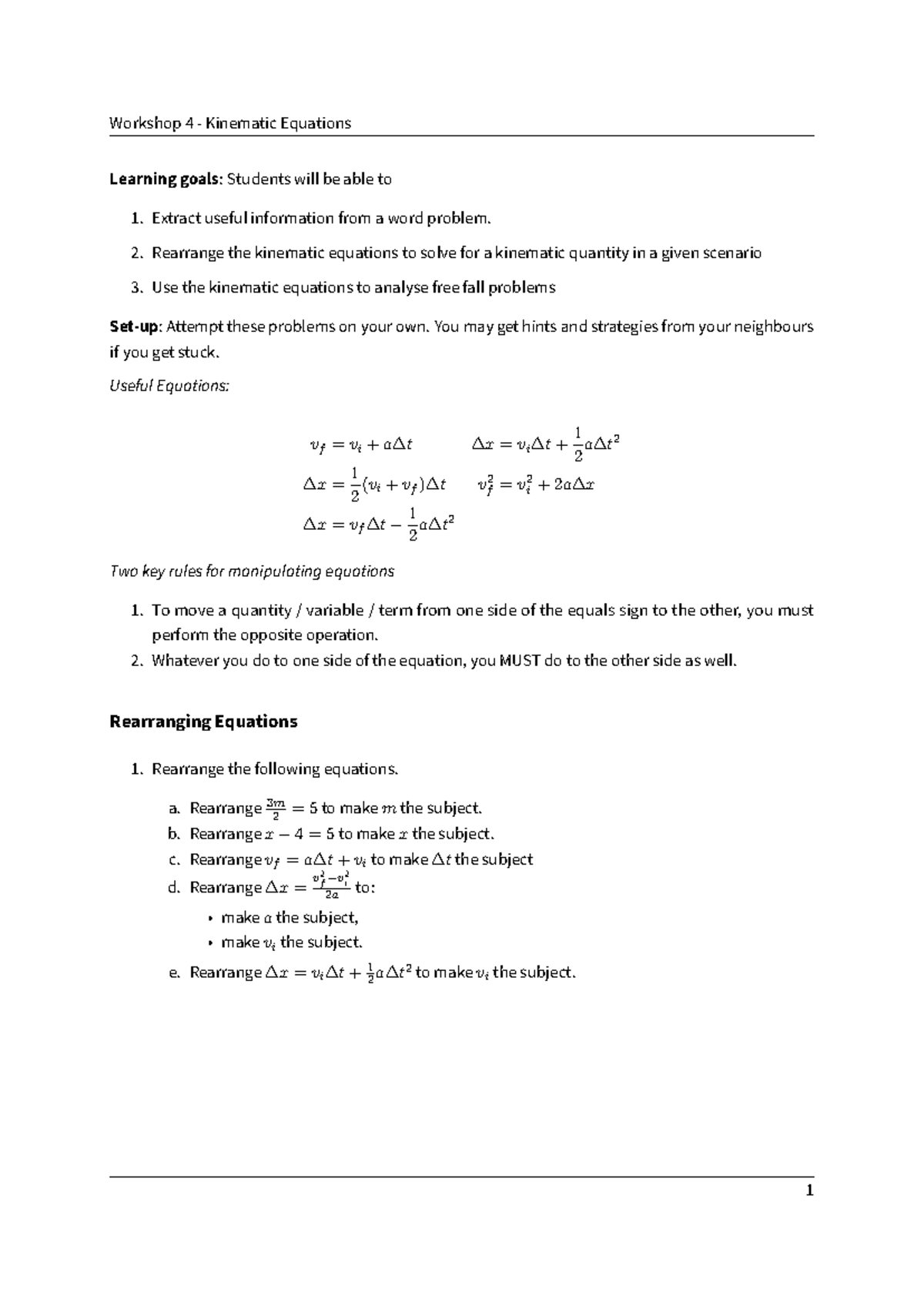 Workshop 04: Kinematic Equations and Problem Solving Strategies - Studocu