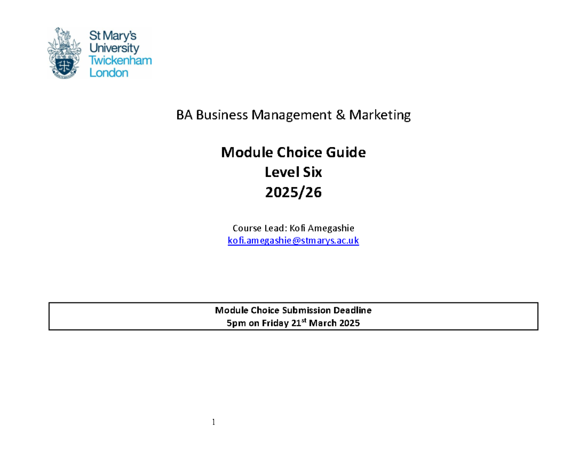 Level 6 Module Choices Booklet Business Management and Marketing 2025 ...