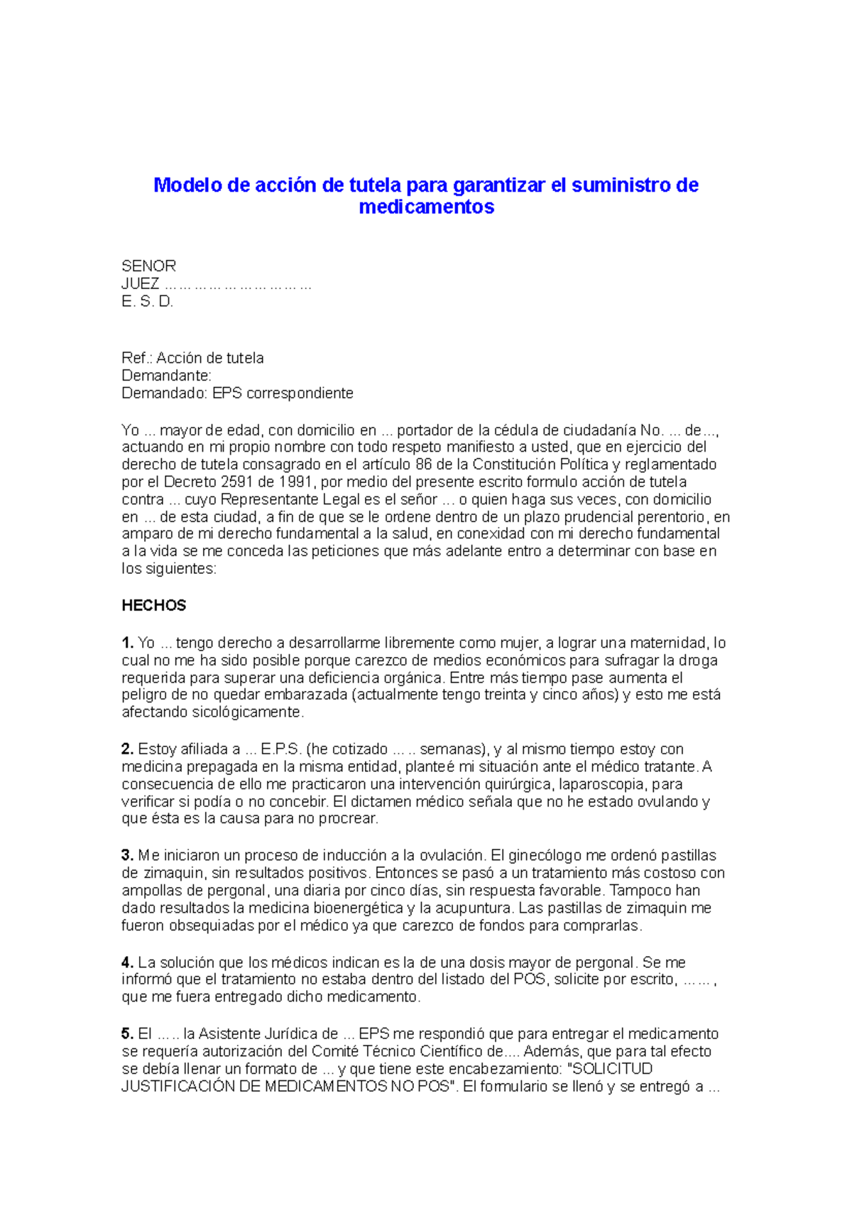 Modelo de acción de tutela para garantizar suministro de medicamentos E.P.S. - Document Preview