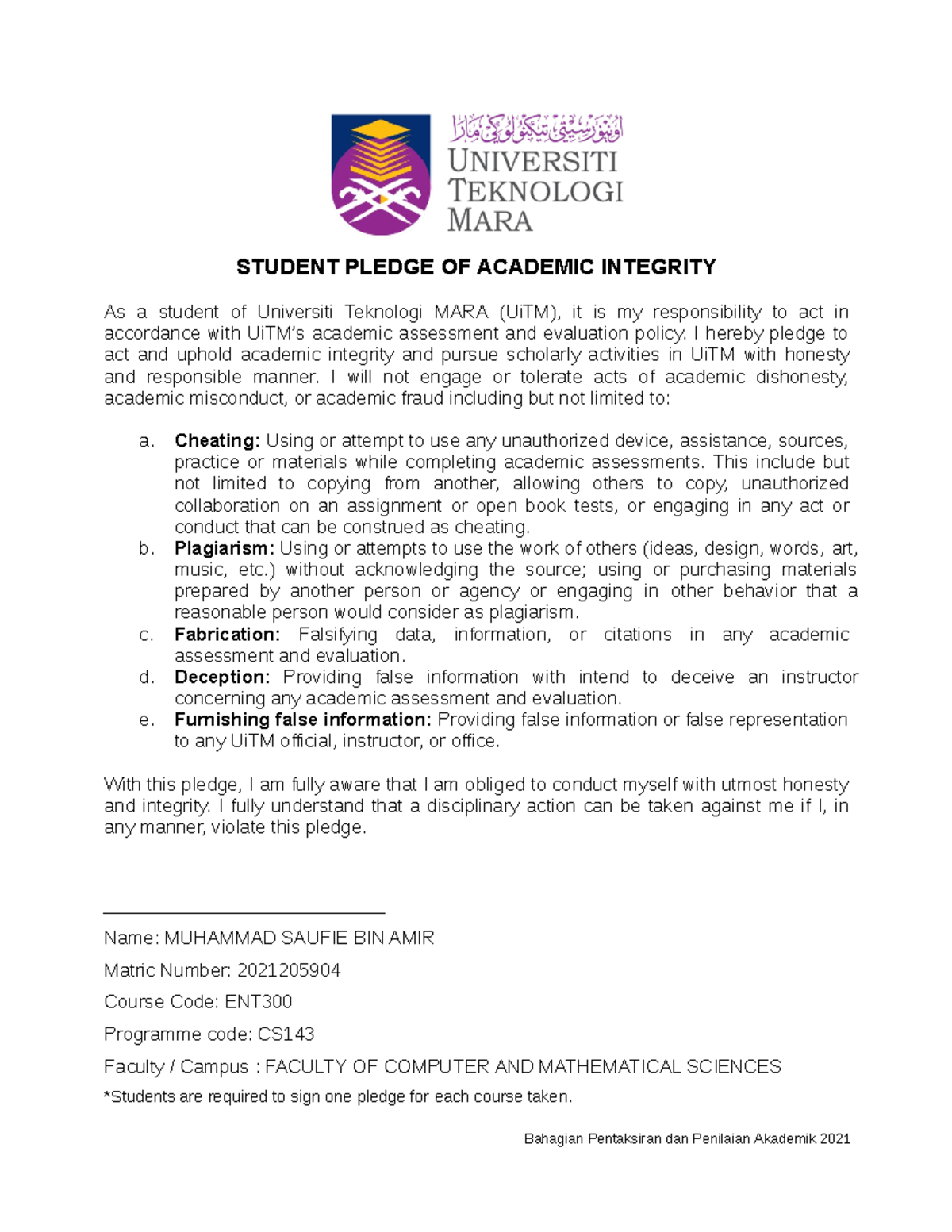 ENT Student Pledge of Academic Integrity and Responsibilities - Studocu