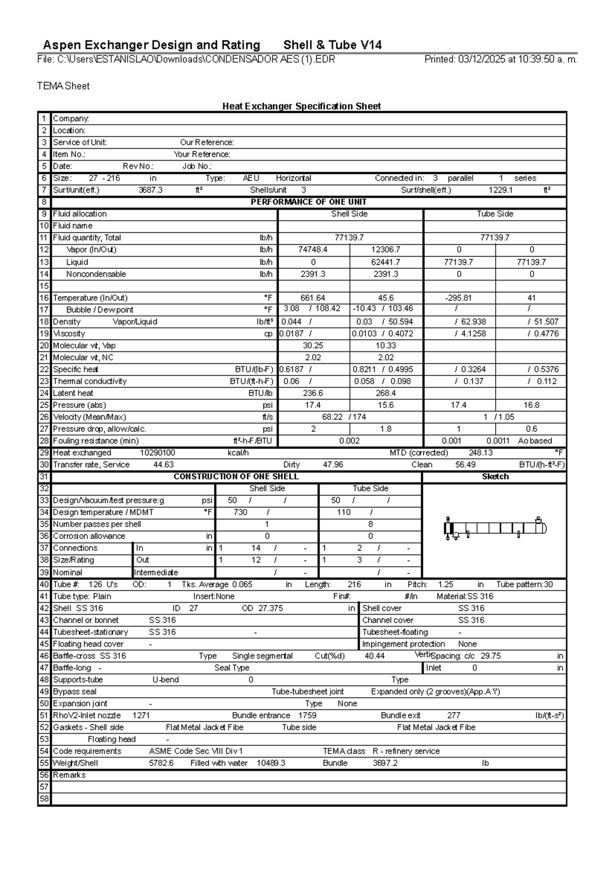TEMA Sheet E-101: Aspen Exchanger Design & Rating Details - Studocu