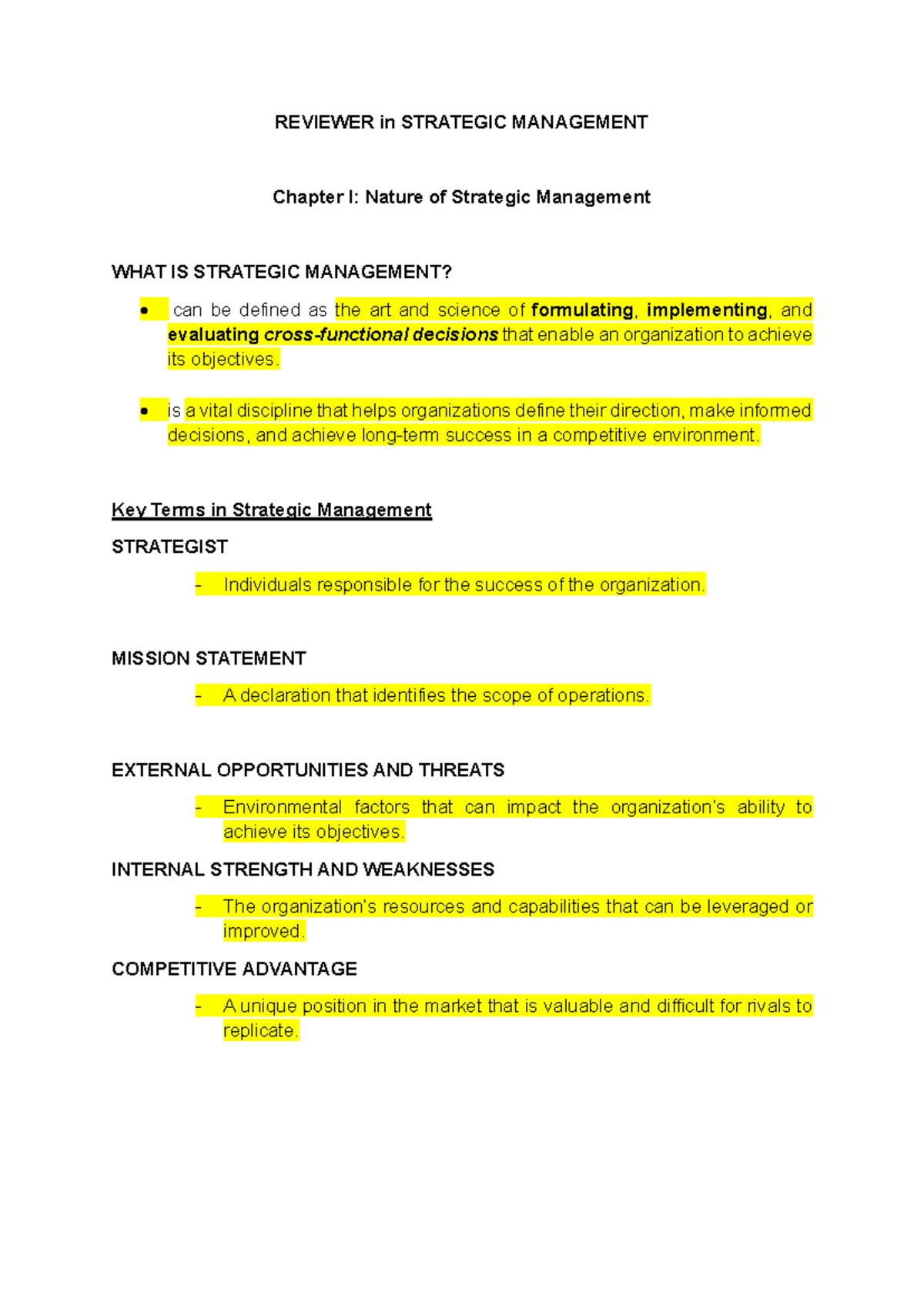 Strategic Management Reviewer (Midterm Exam) - Chapter I Insights - Studocu