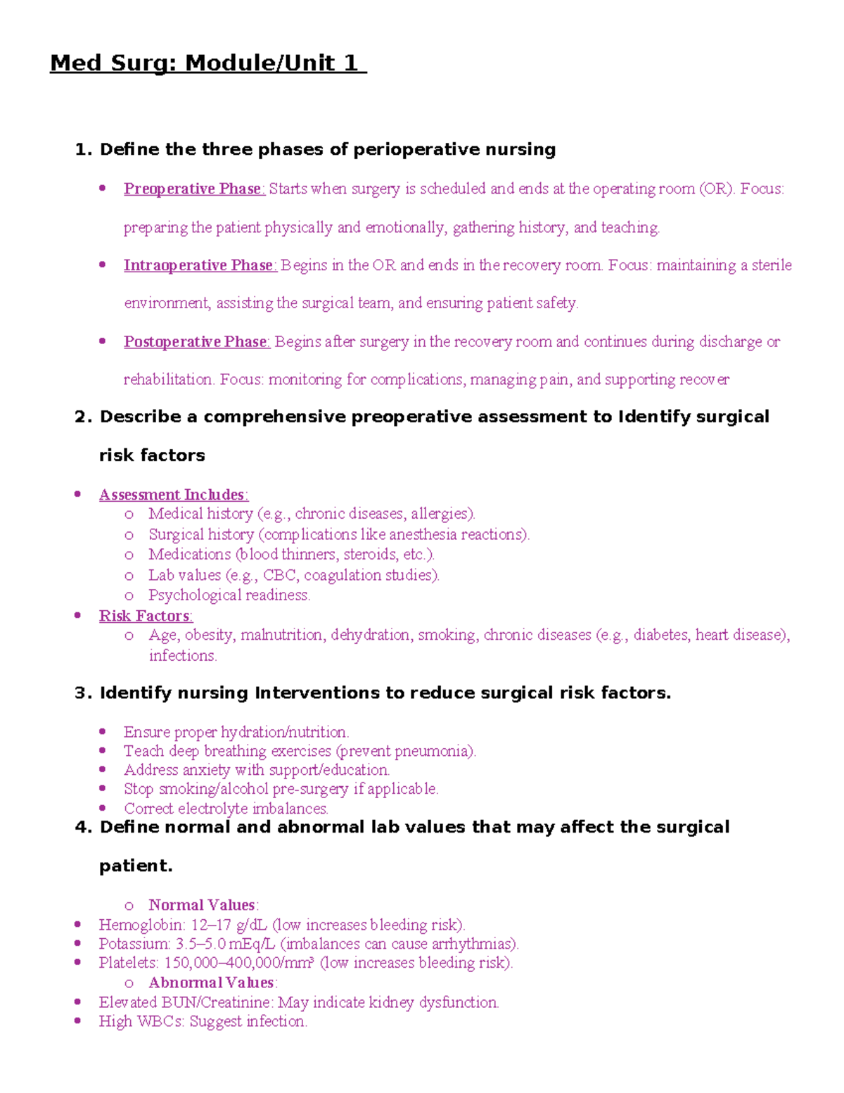 Med Surg 101 - Unit 1 Lecture Notes: Key Concepts & Highlights - Studocu