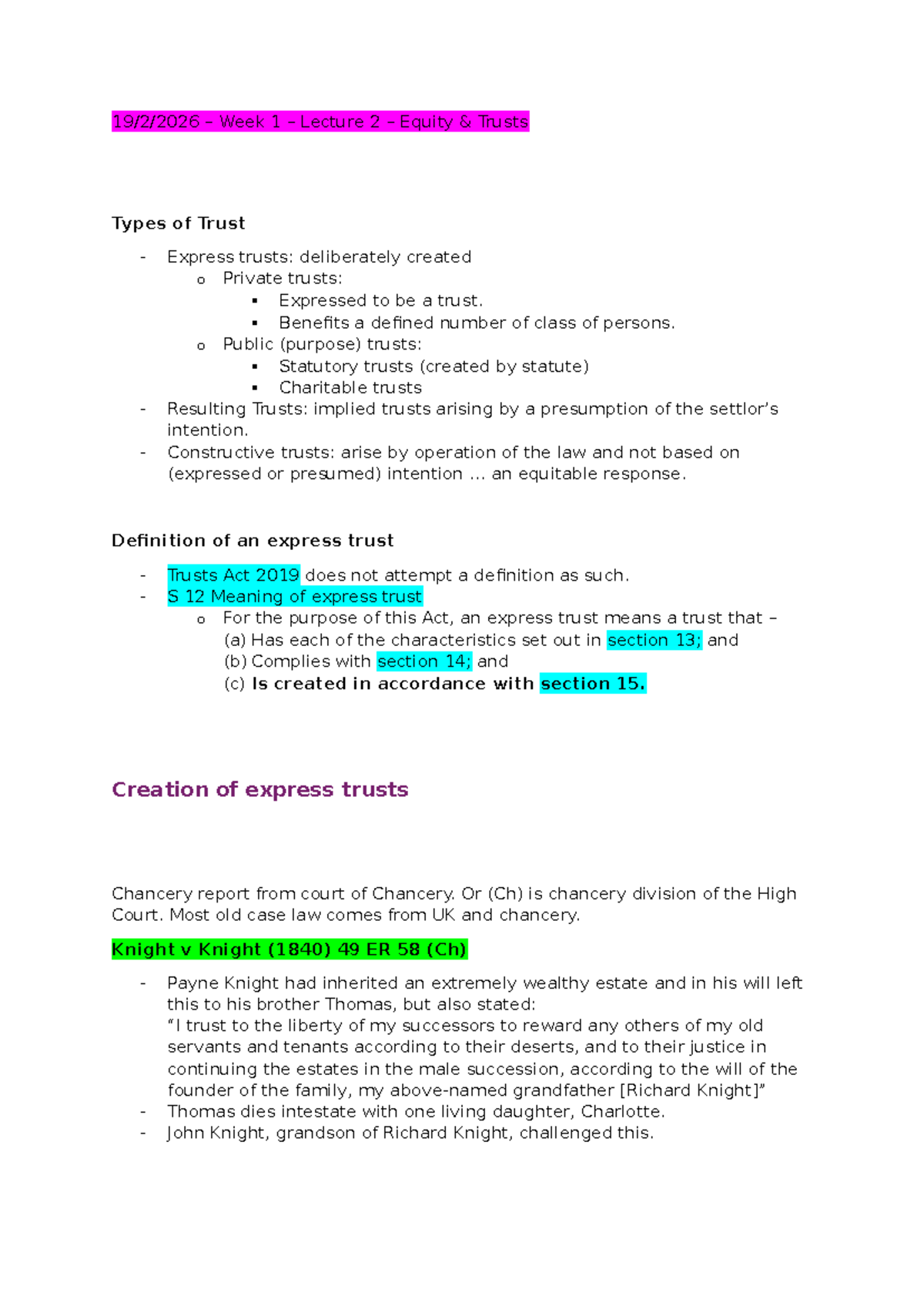 Week 1 - Lecture 2: Types of Equity Trusts and Their Creation - Studocu