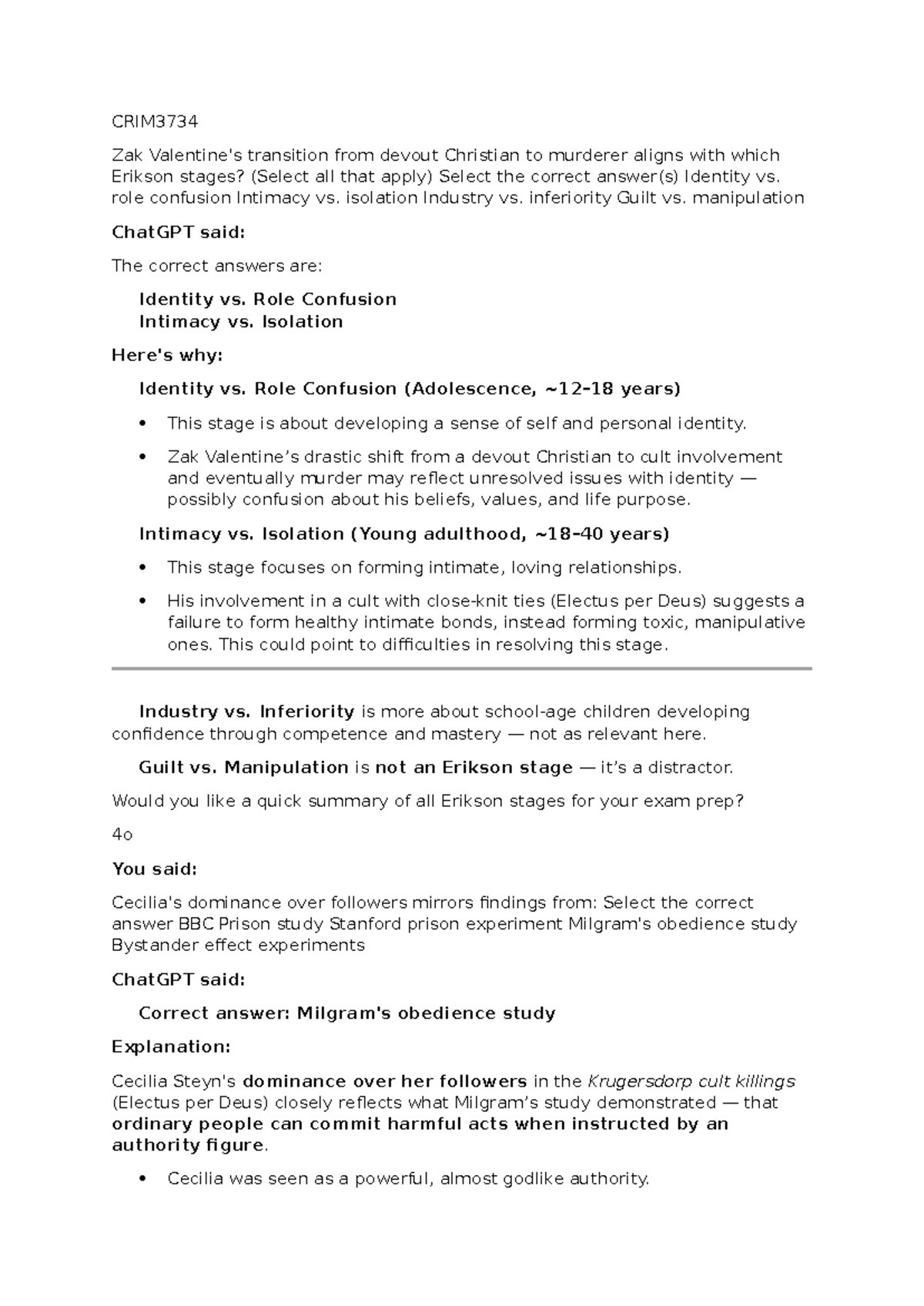 CRIM3734 Analysis of Erikson Stages in Criminal Behavior and Cult ...