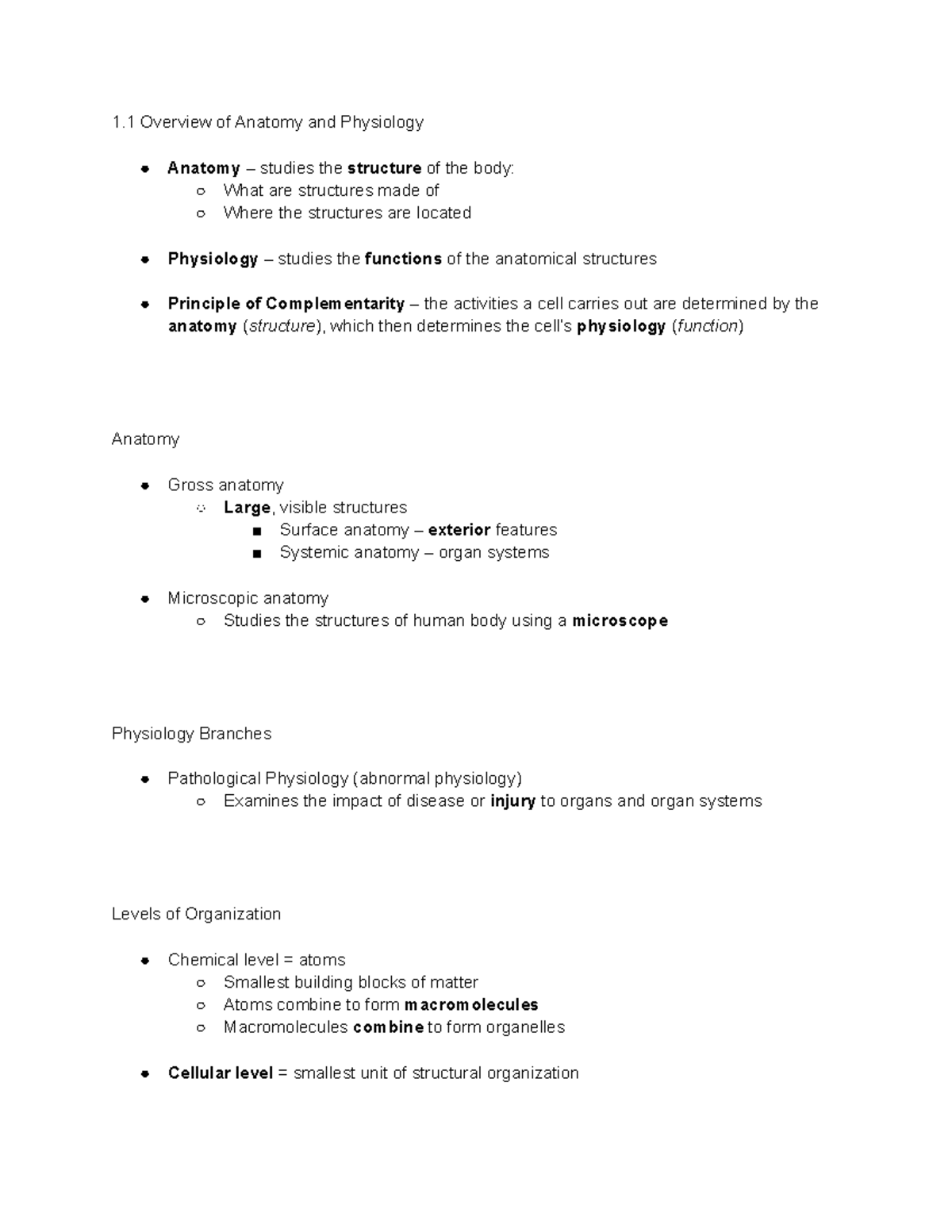 Anatomy and Physiology Overview - Chapter 1 - Studocu