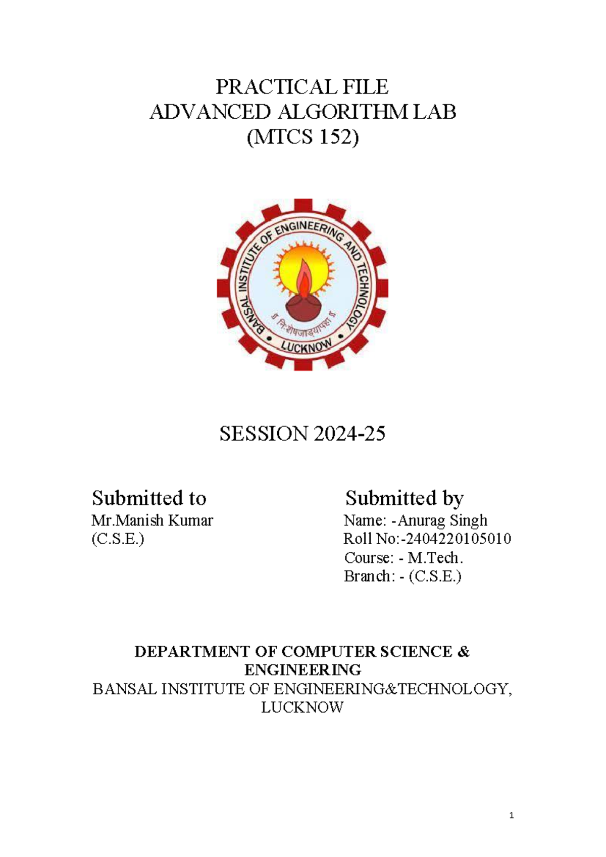 Advanced Algorithm File Anurag Singh - PRACTICAL FILE ADVANCED ...