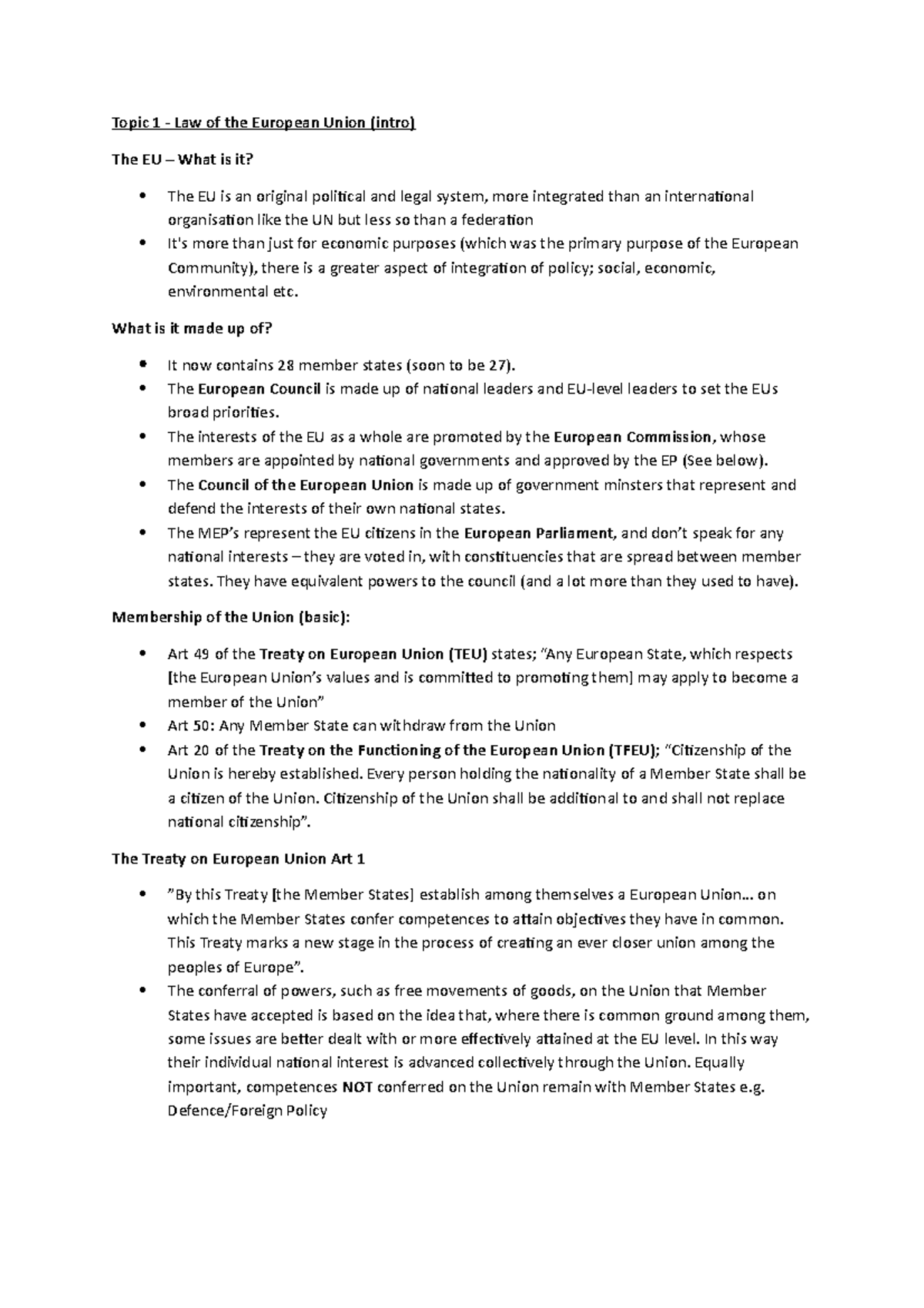 EU Law - Semester 1 - Lecture Notes: Introduction to EU Law Concepts ...