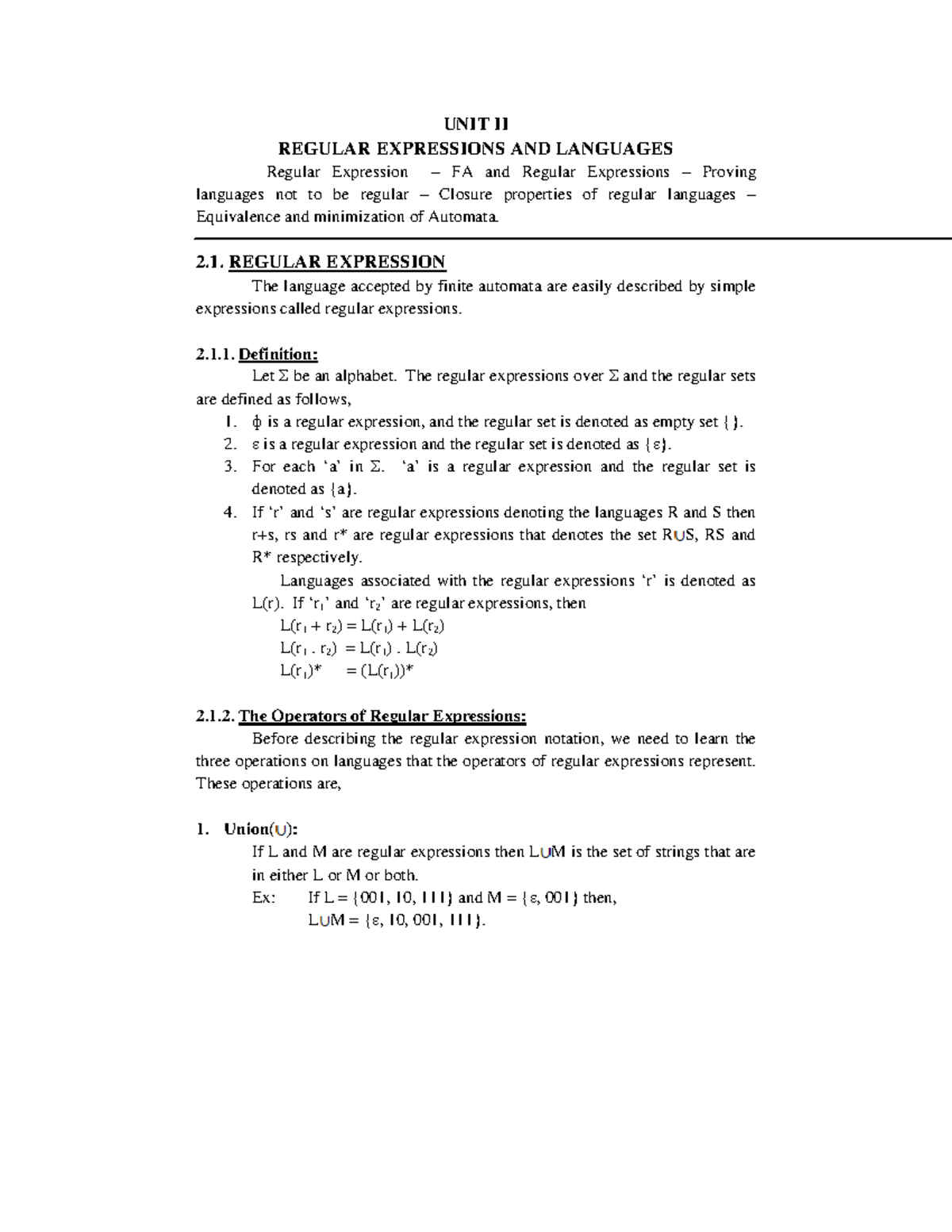 UNIT II - Regular Expressions, Languages, and Automata Concepts - Studocu