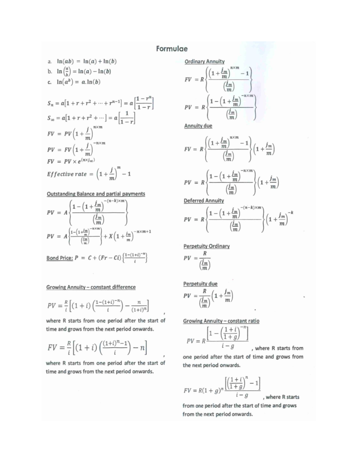 FM101 Formula Sheet 2024: Annuities, PV, FV, and Bonds - Studocu
