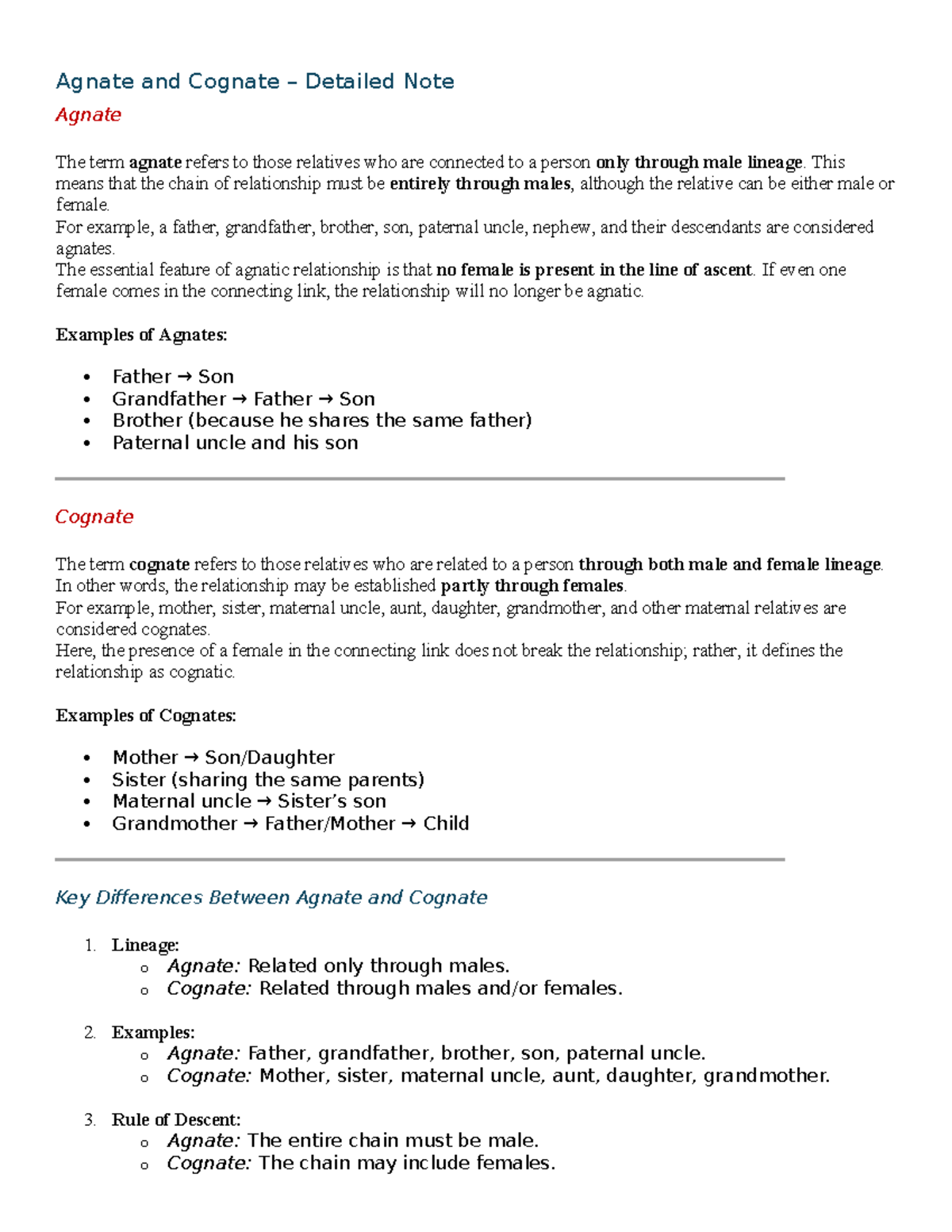 Hindu Law Notes: Agnate vs Cognate & Legal Heirs (1st Sem) - Studocu