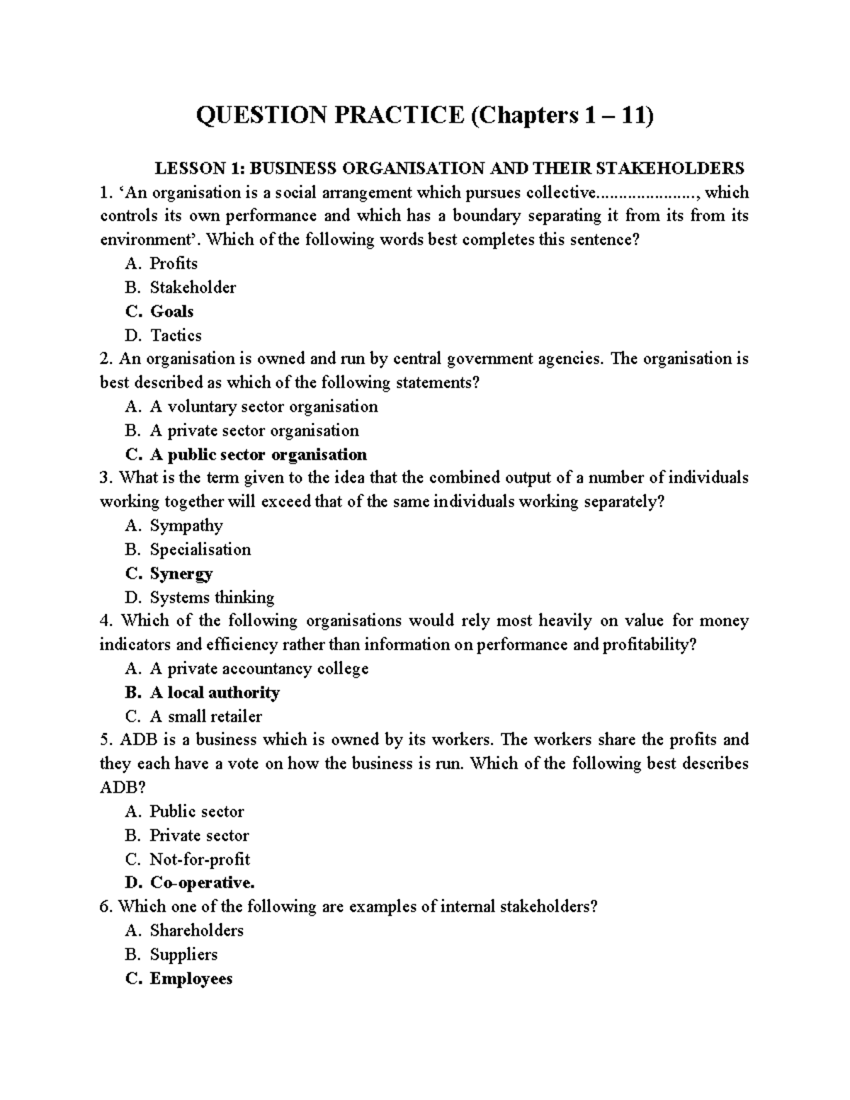QUESTION PRACTICE (Chapters 1-11) - Business Organisation ...