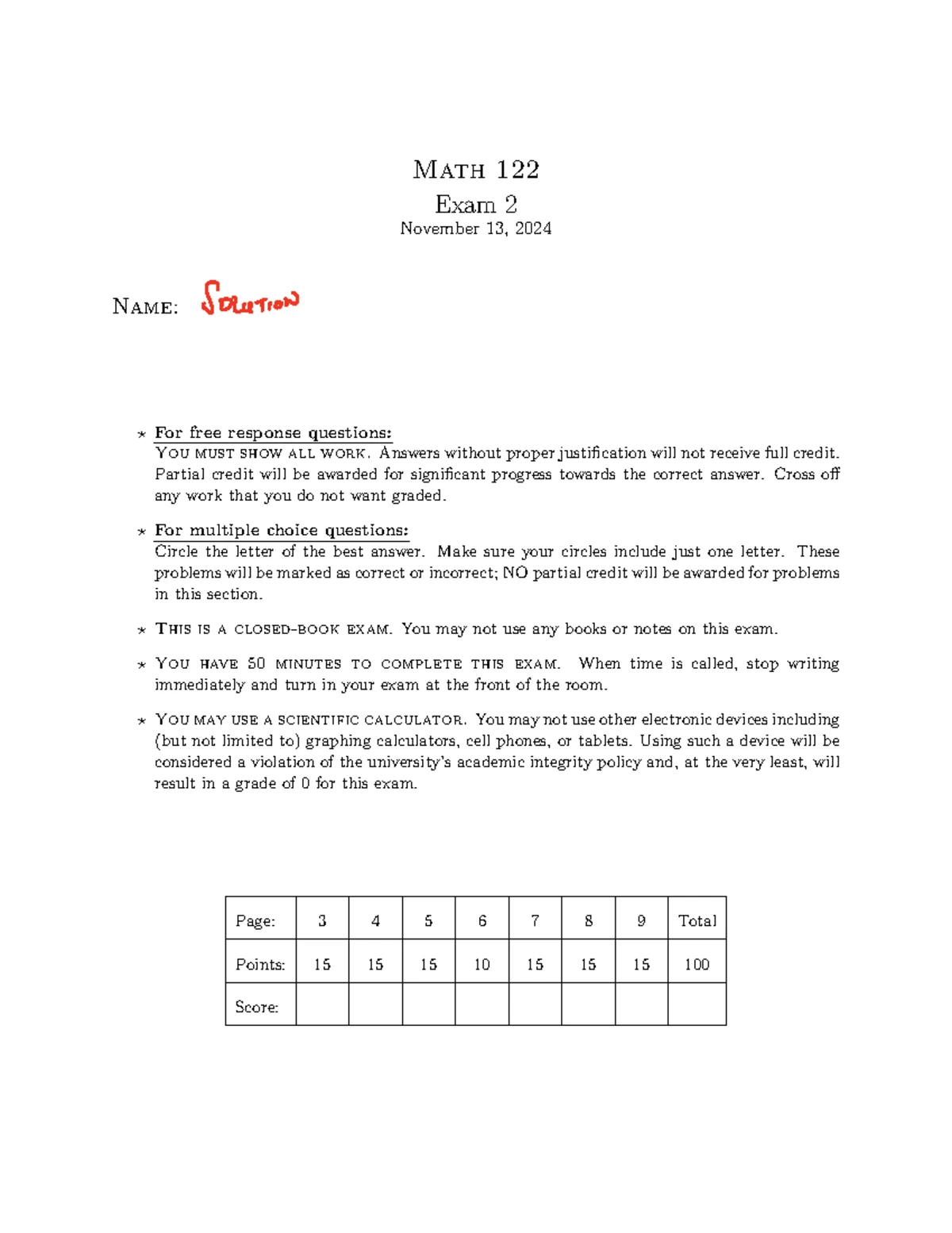 MATH122 Spring 2024 Exam 2A Solutions and Guidelines - Studocu