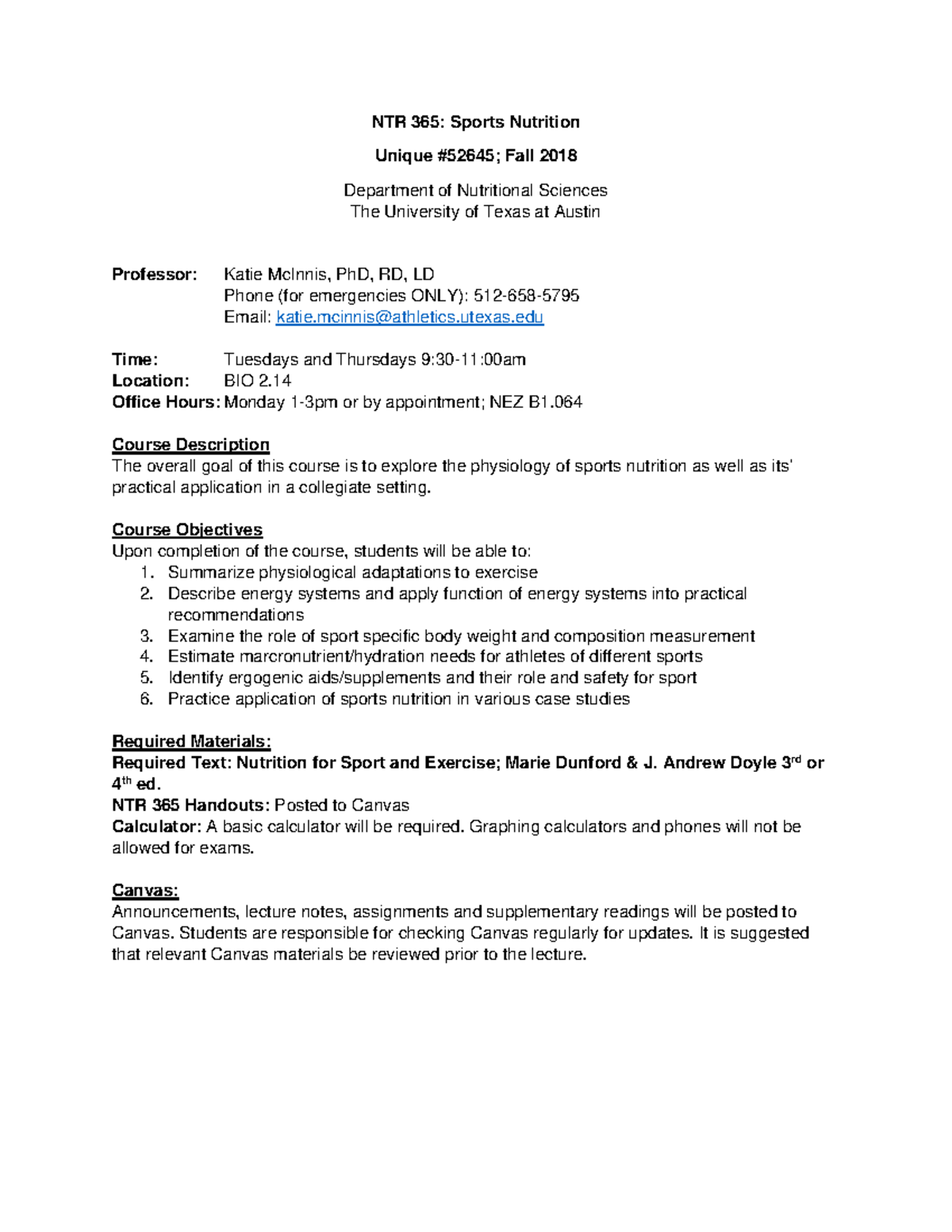 NTR 365: Sports Nutrition Syllabus - Fall 2018 Overview & Details - Studocu