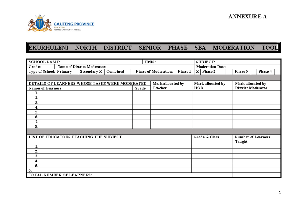 SBA Moderation Tool for Ekurhuleni North District Schools - Studocu