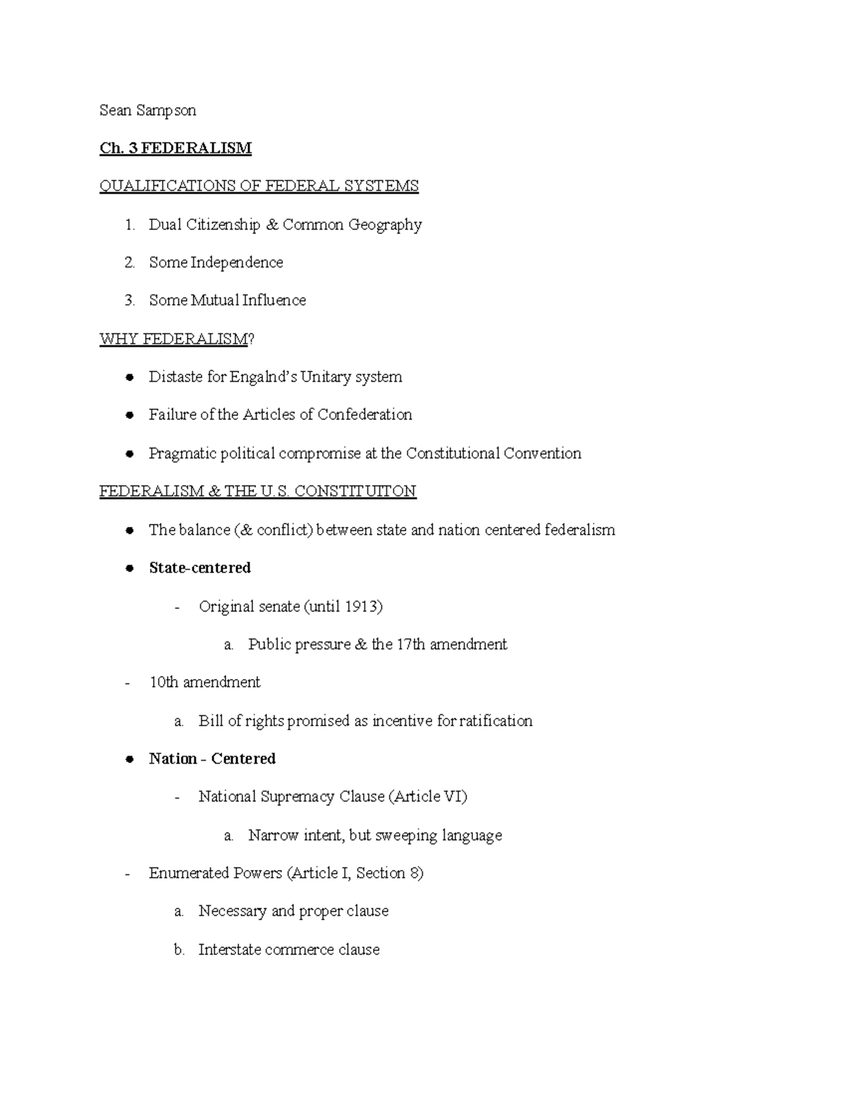 Federalism in the U.S. - Gov 110 Chapter 3 Notes on Political Structure ...