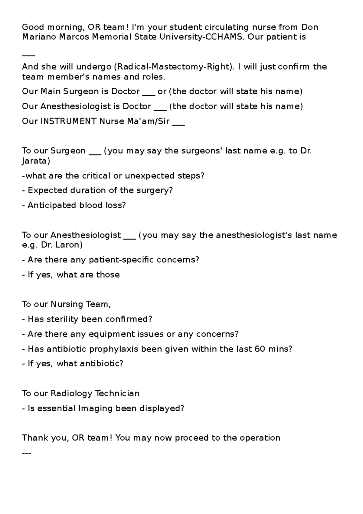 Time Out Script for OR Team: Roles and Responsibilities - Studocu