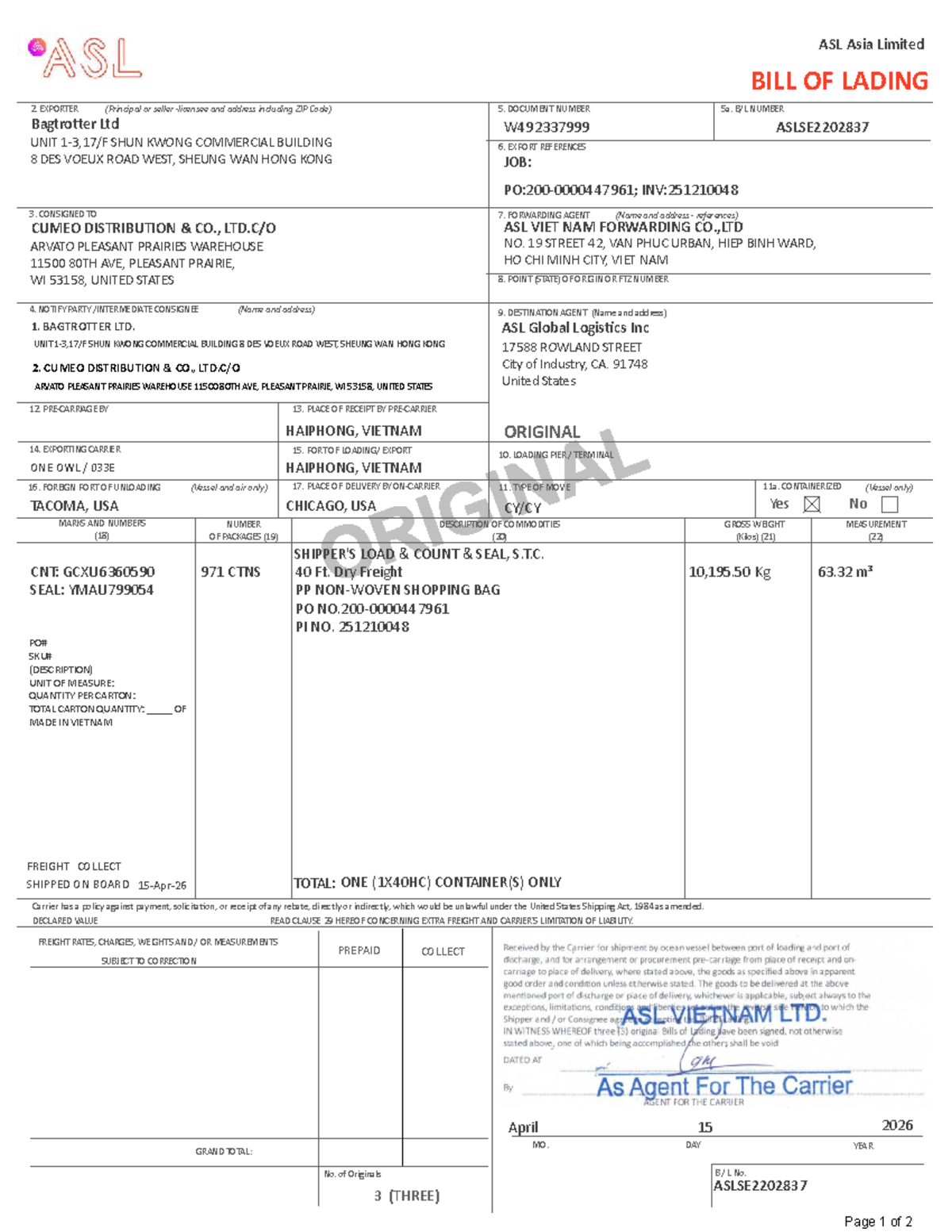 ASLSE2202837 Bill of Lading - Switch HBL Final Document - Studocu