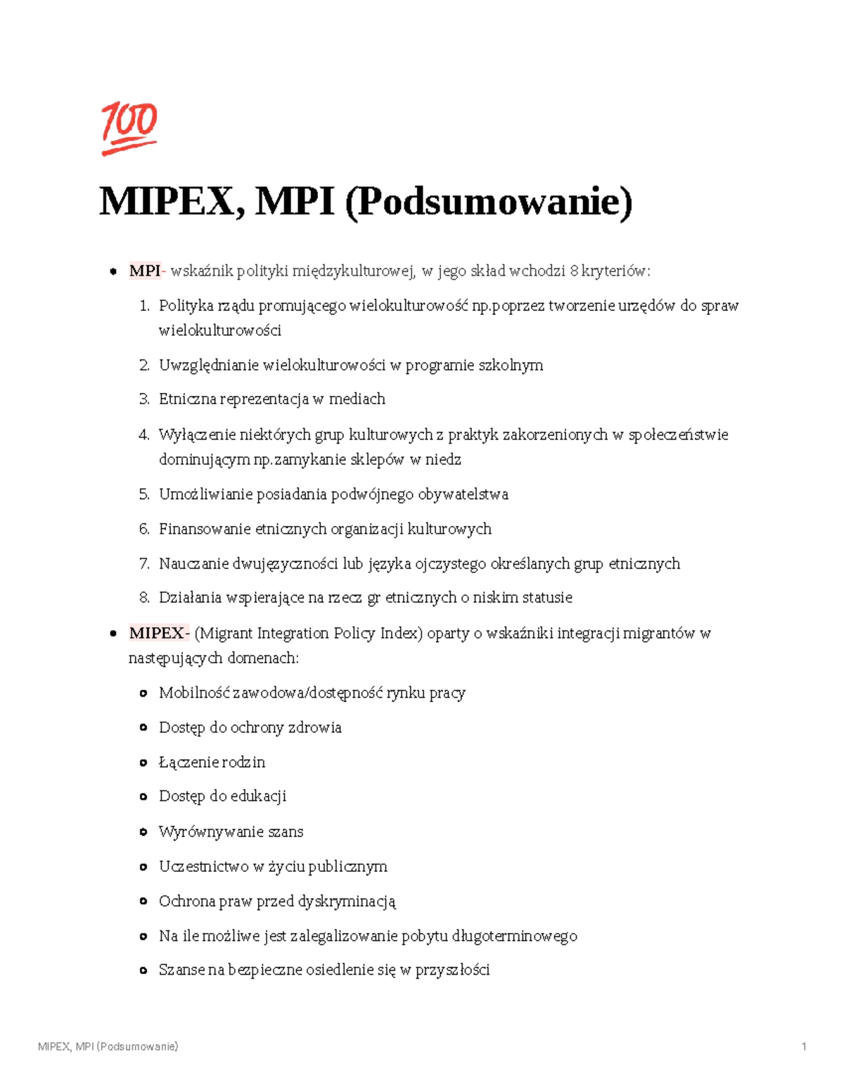 MIPEX, MPI (Podsumowanie) - Wskaźniki Polityki Międzykulturowej - Studocu