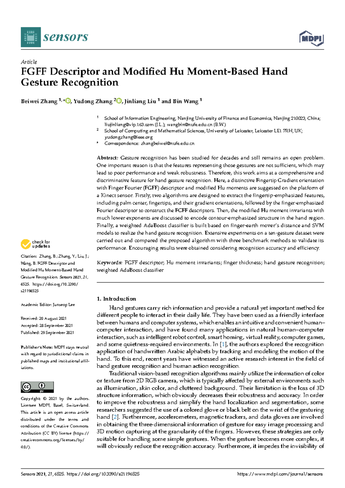 FGFF Descriptor and Modified Hu Moments for Hand Gesture Recognition in ...