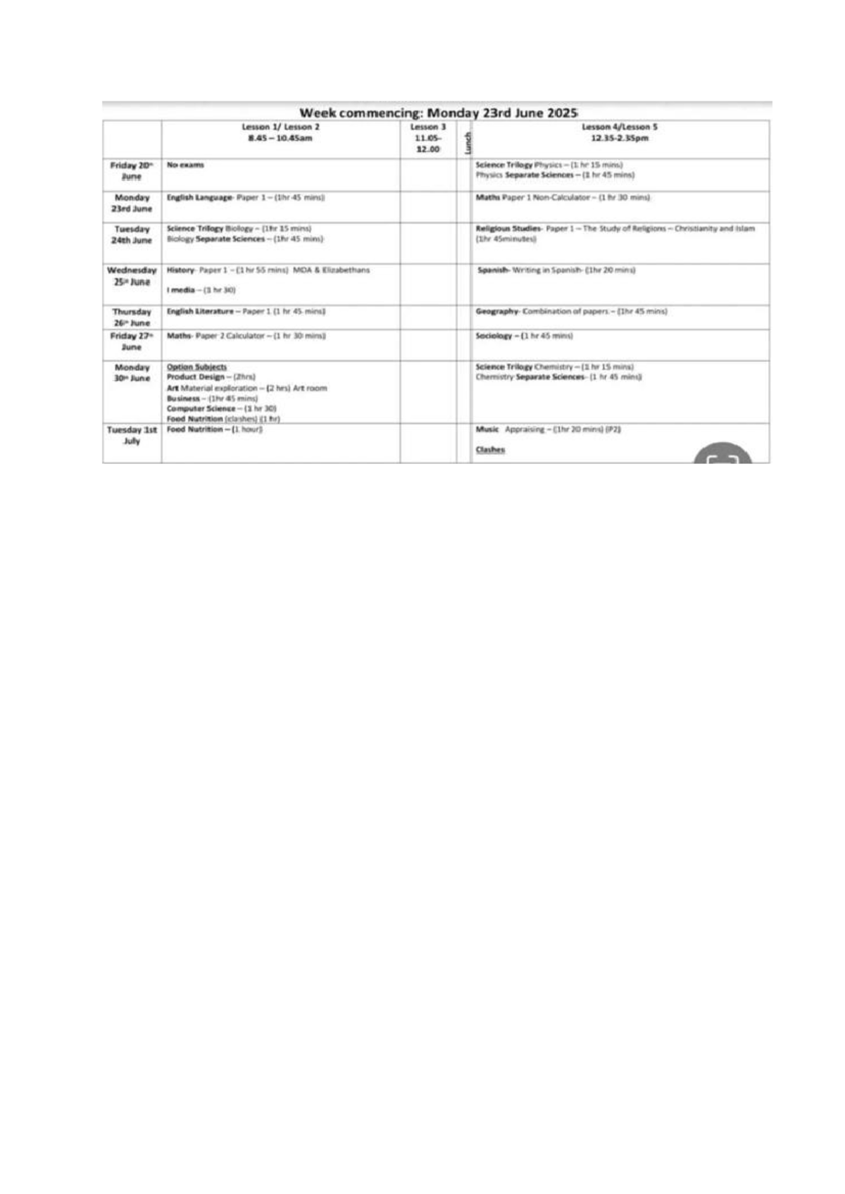 Week Commencing 23rd June 2025: Lesson Schedule & Exam Timetable - Studocu