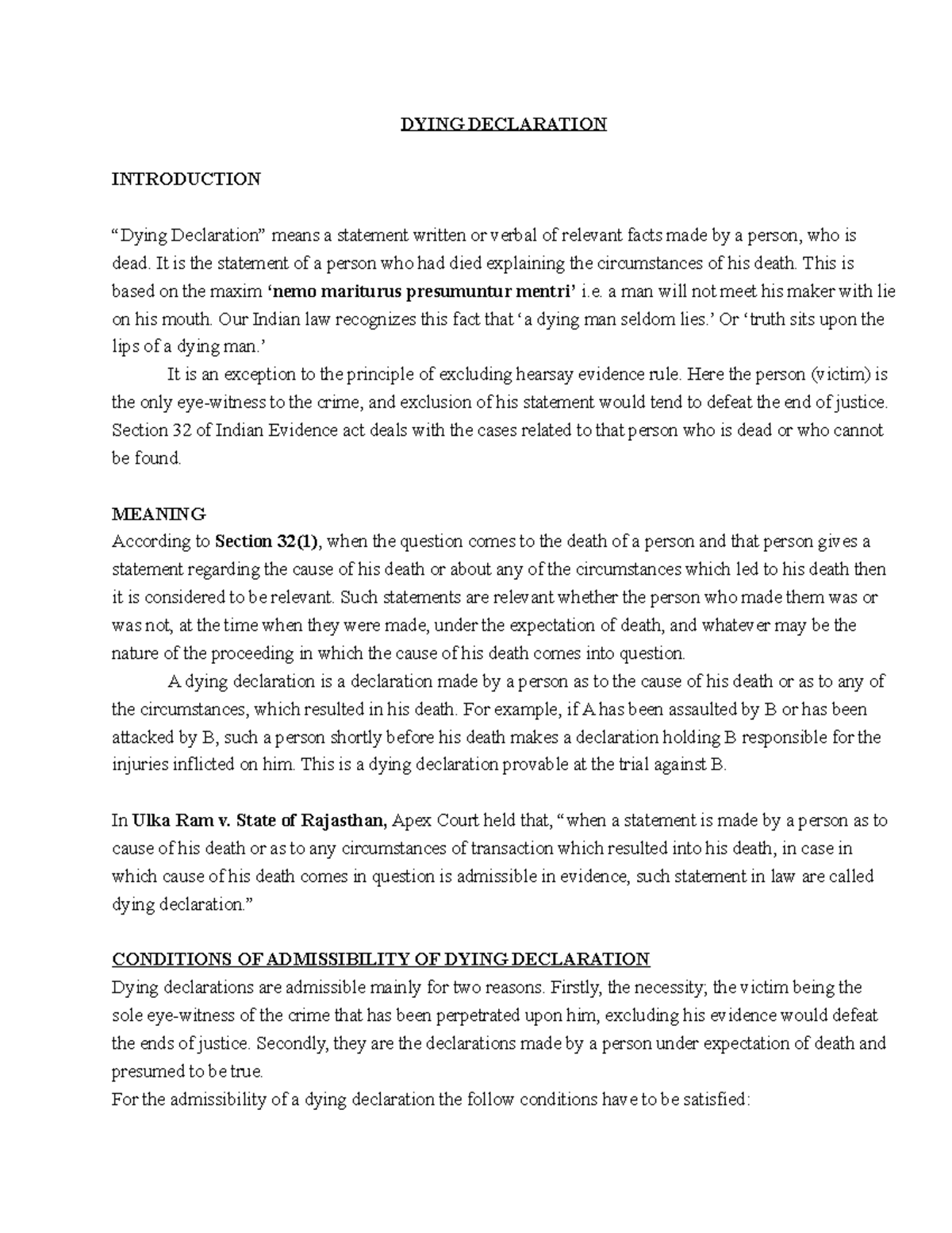 Dying Declaration: Key Concepts and Admissibility in Law - Studocu