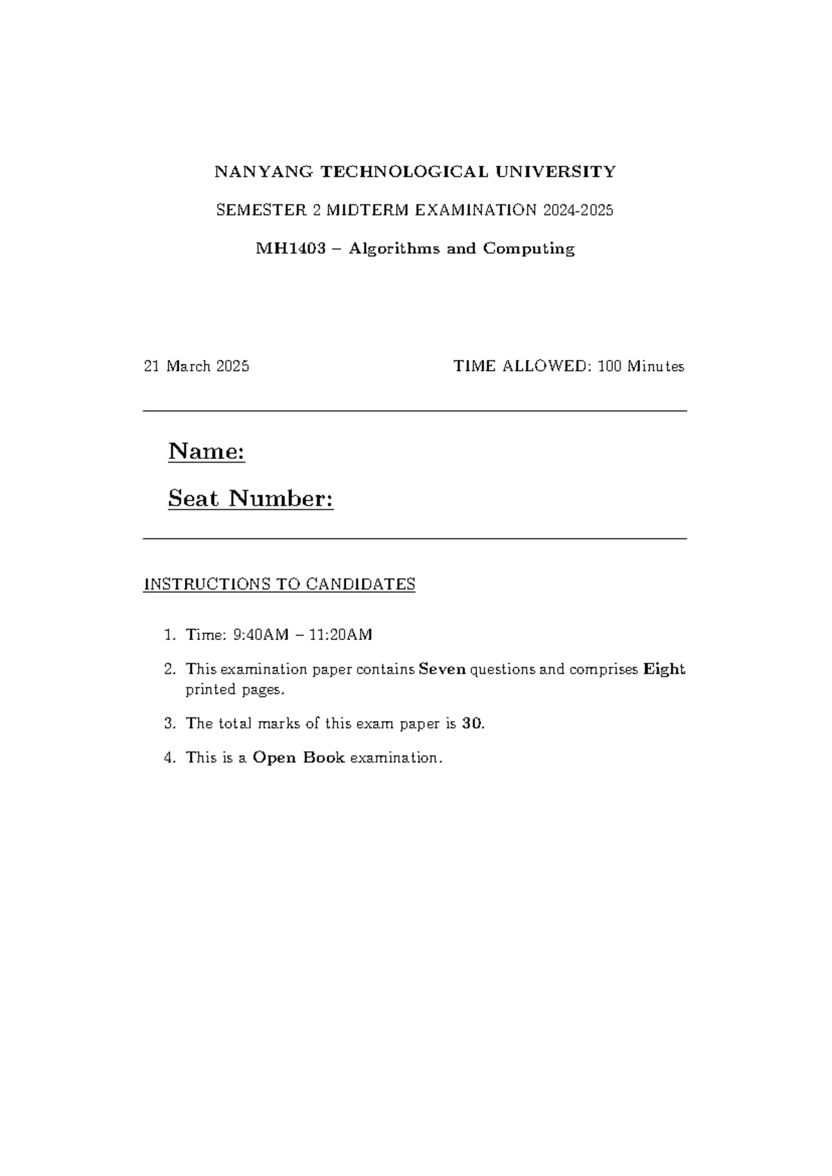 MH1403 Semester 2 Midterm Exam: Algorithms & Computing 2025 - Studocu