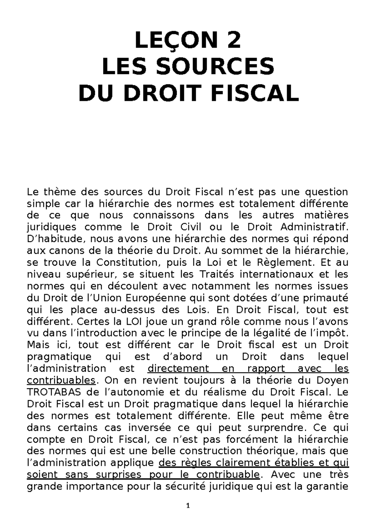 LEÇON 2 - SOURCES DU DROIT FISCAL : HIÉRARCHIE ET DOCTRINE - Studocu